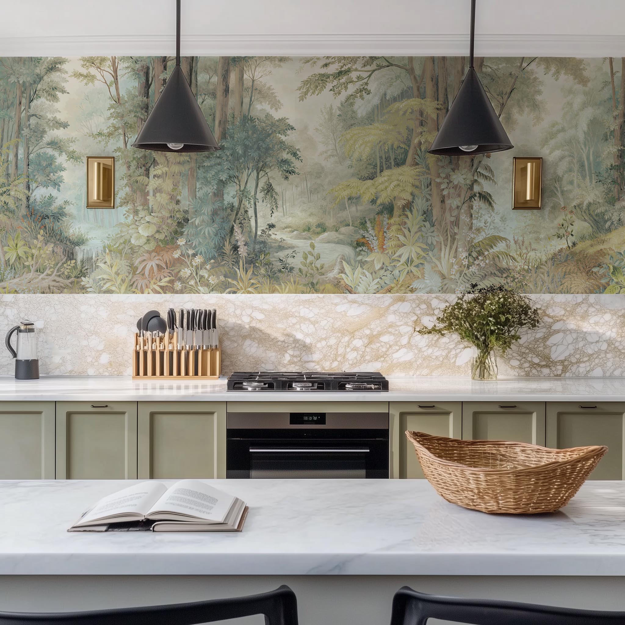 A cropped view of kitchen featuring a panoramic vinyl wallpaper mural of an airy woodland in sage, yellow, and mist.
