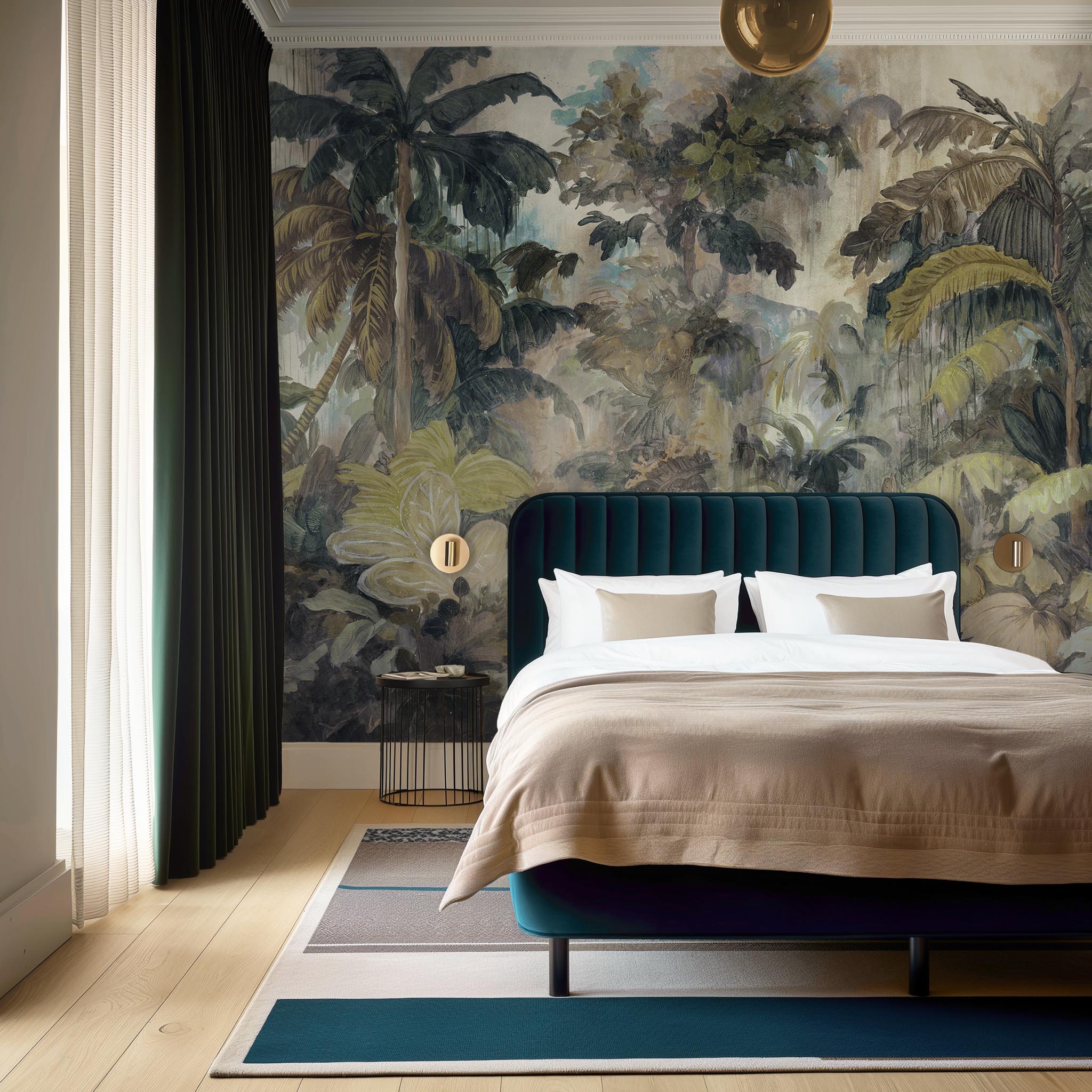 An interior bedroom featuring a panoramic matte wallpaper mural of a tropical scene in sage and parchment.