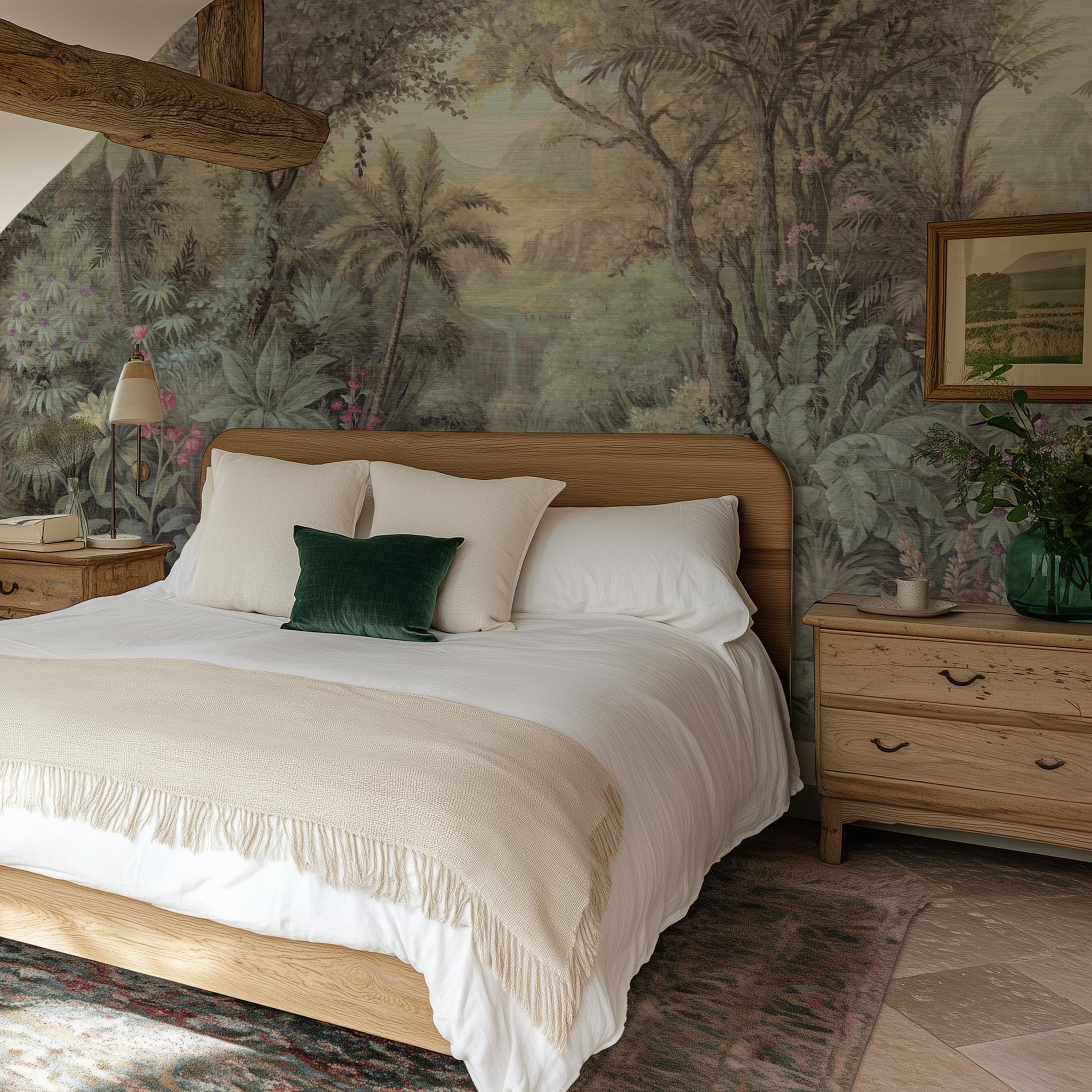 A cropped view of bedroom featuring a panoramic grasscloth wallpaper mural of a tropical paradise in cool greens and blushes.
