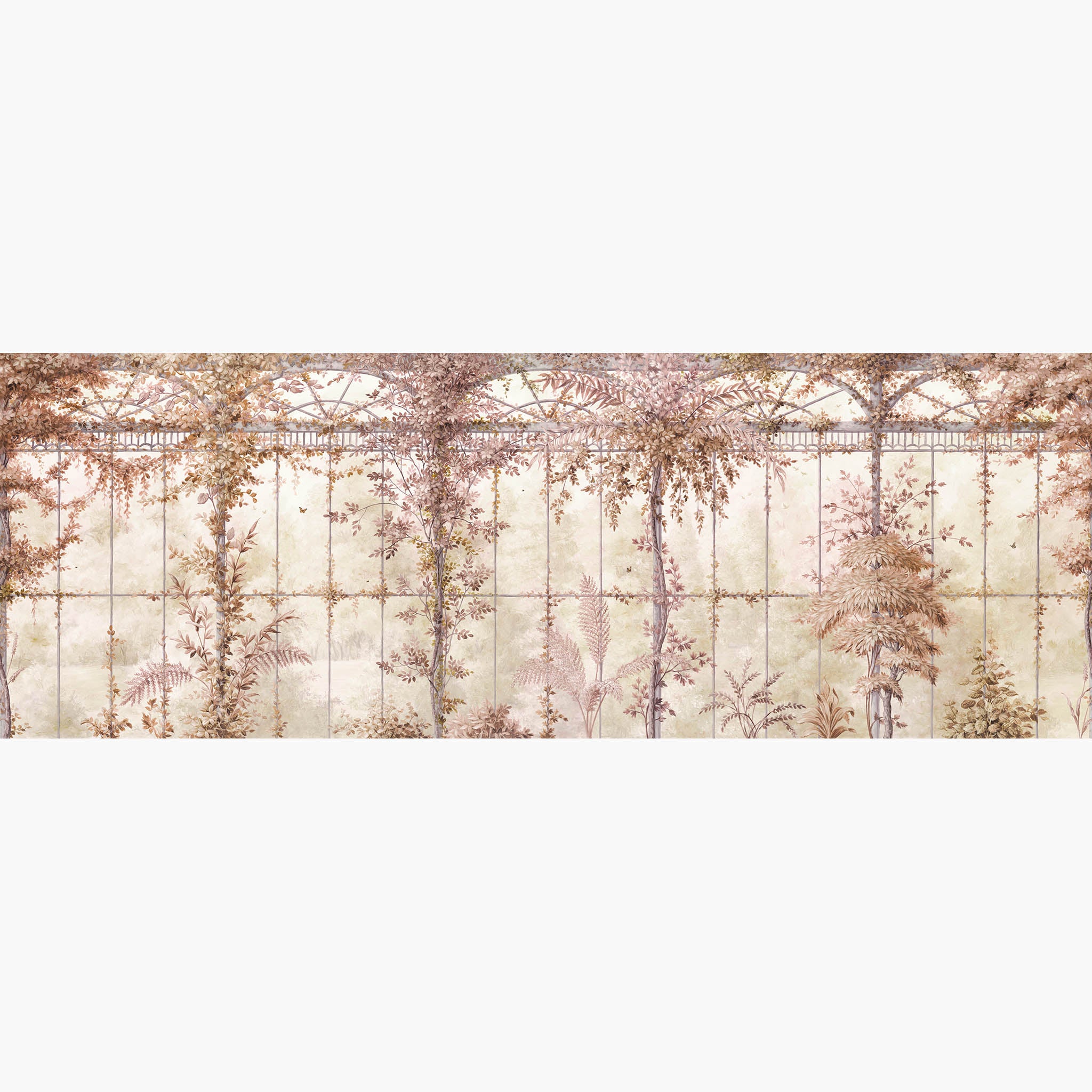 Artwork of a panoramic wallpaper mural featuring serene saffron mural depicts climbing foliage and vintage glass.