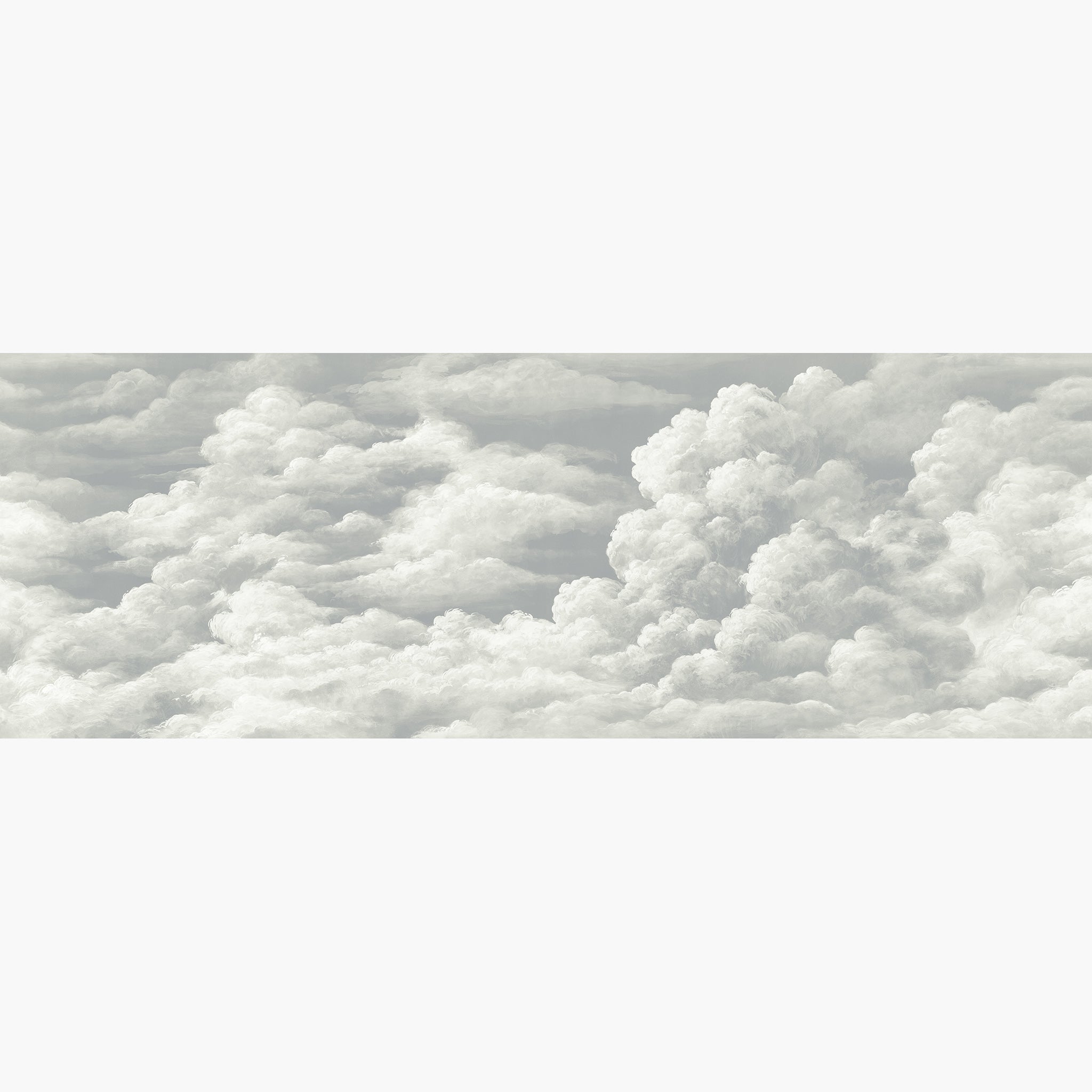 Artwork of a panoramic wallpaper mural featuring dreamy sculpted clouds in soft whites and silvered grey