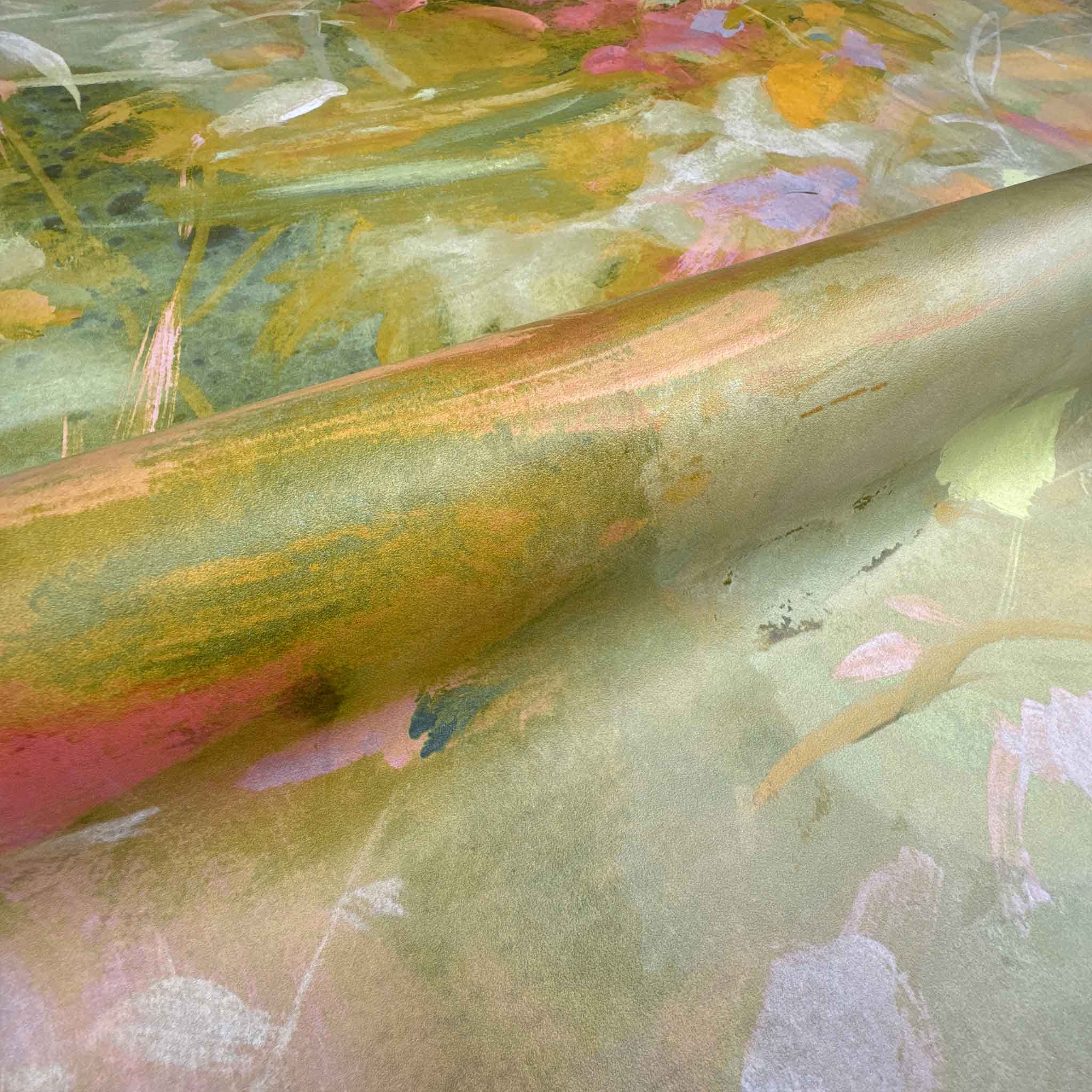Close-up of a vibrant, abstract hand-painted wallpaper mural featuring warm golds, pinks, and greens on washable vinyl.