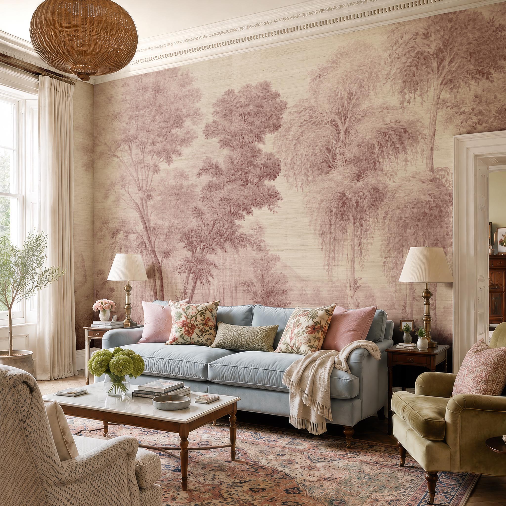 An interior living room featuring a panoramic grasscloth wallpaper mural of rose forest