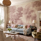 An interior living room featuring a panoramic grasscloth wallpaper mural of rose forest