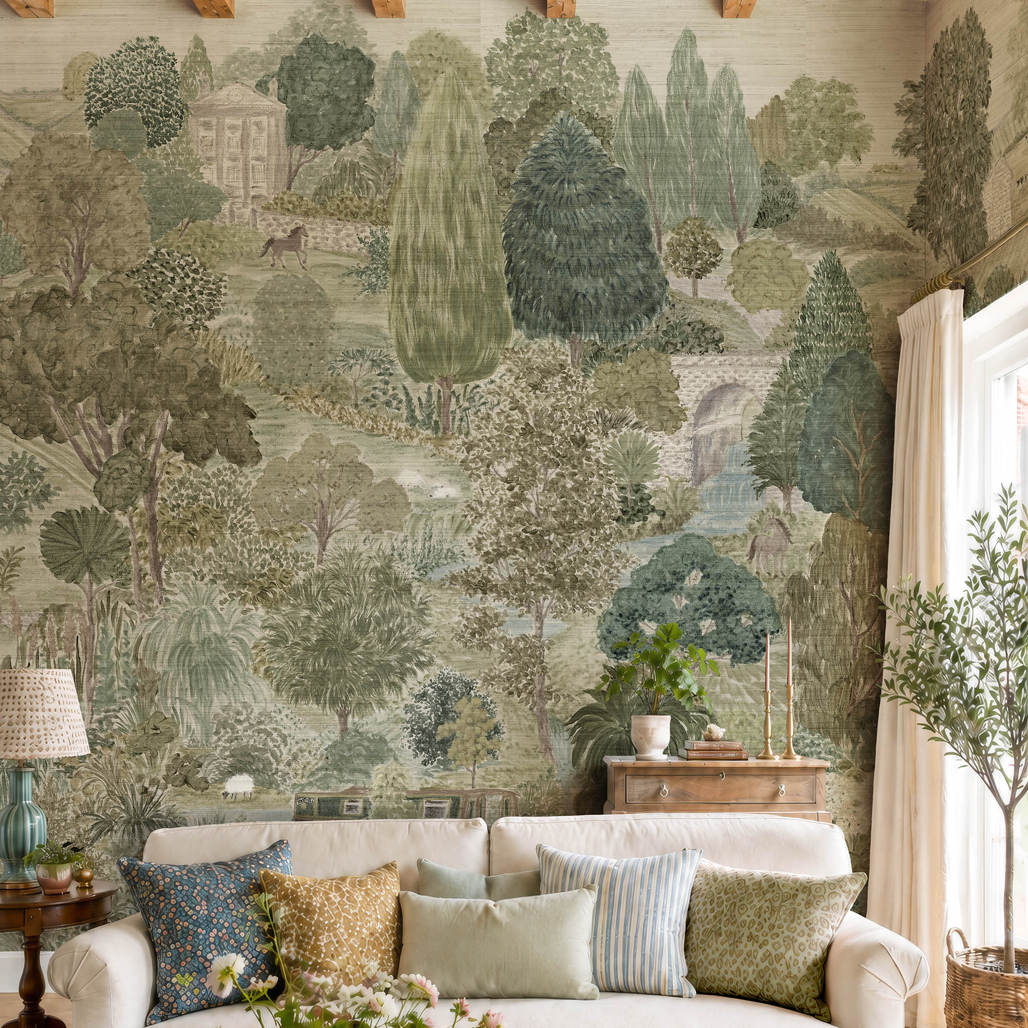 A cropped view of a  featuring a panoramic grasscloth wallpaper mural of ash grey forest