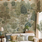 A cropped view of a  featuring a panoramic grasscloth wallpaper mural of ash grey forest