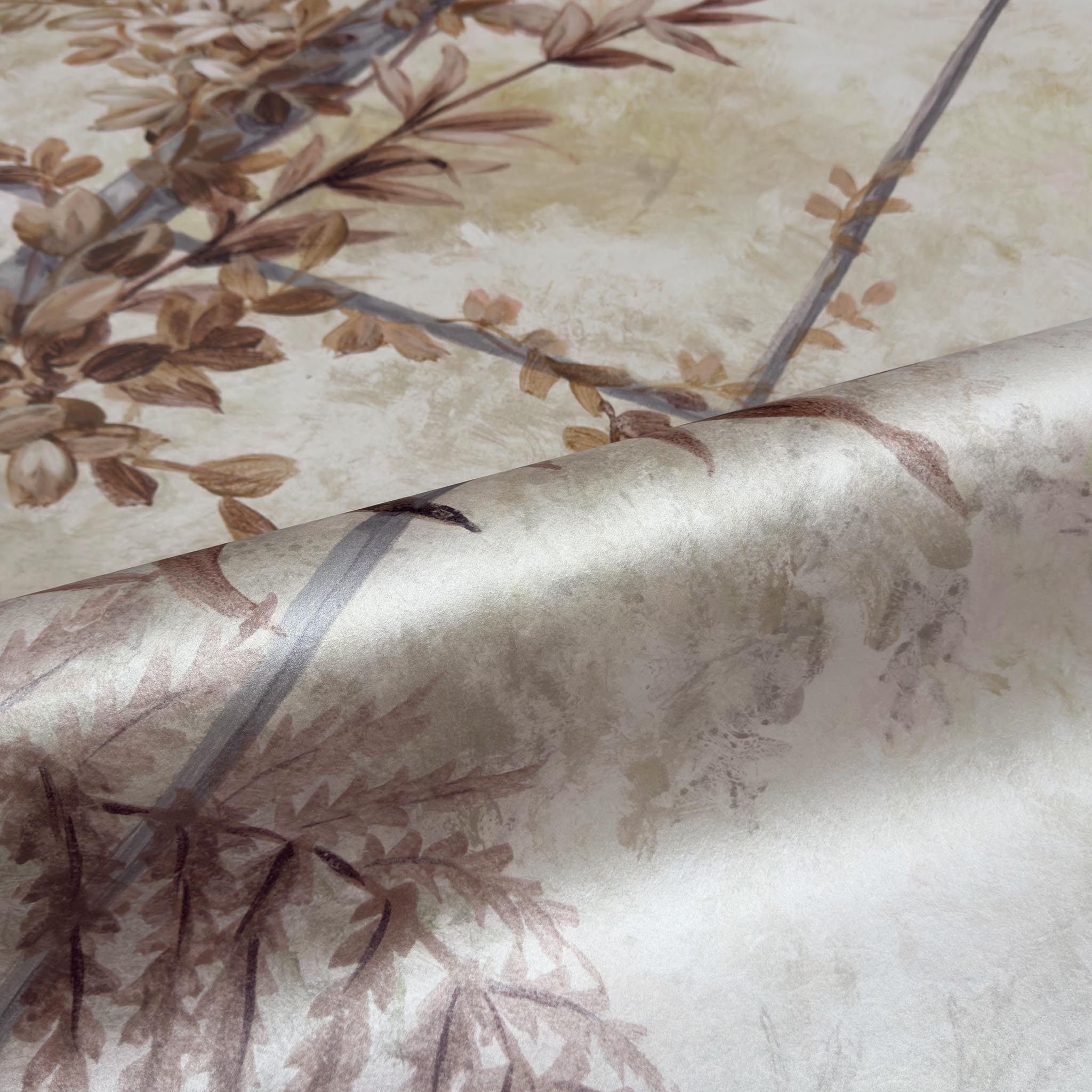 A close up view showing the detail of a pearlescent wallpaper mural which features saffron toned mural with climbing foliage and vintage glass.