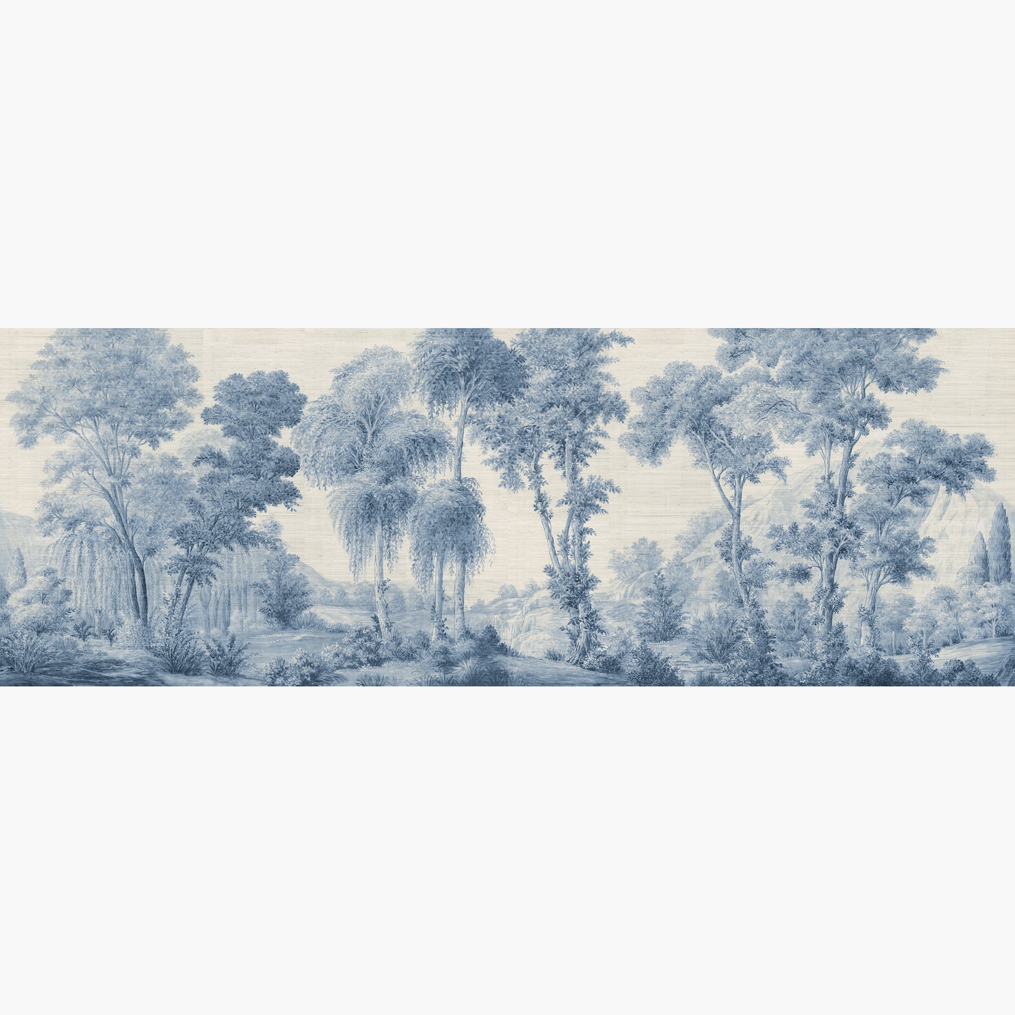 Artwork of a panoramic wallpaper mural featuring an airy woodland scene awash in cool periwinkle blue tones