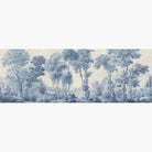 Artwork of a panoramic wallpaper mural featuring an airy woodland scene awash in cool periwinkle blue tones