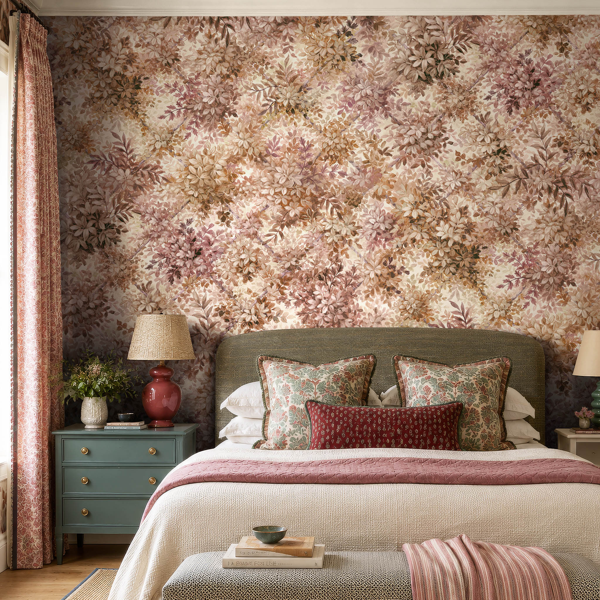 A cropped view of a bedroom featuring a panoramic pearlescent wallpaper mural of saffron and dusky-rose mural with soft foliage.