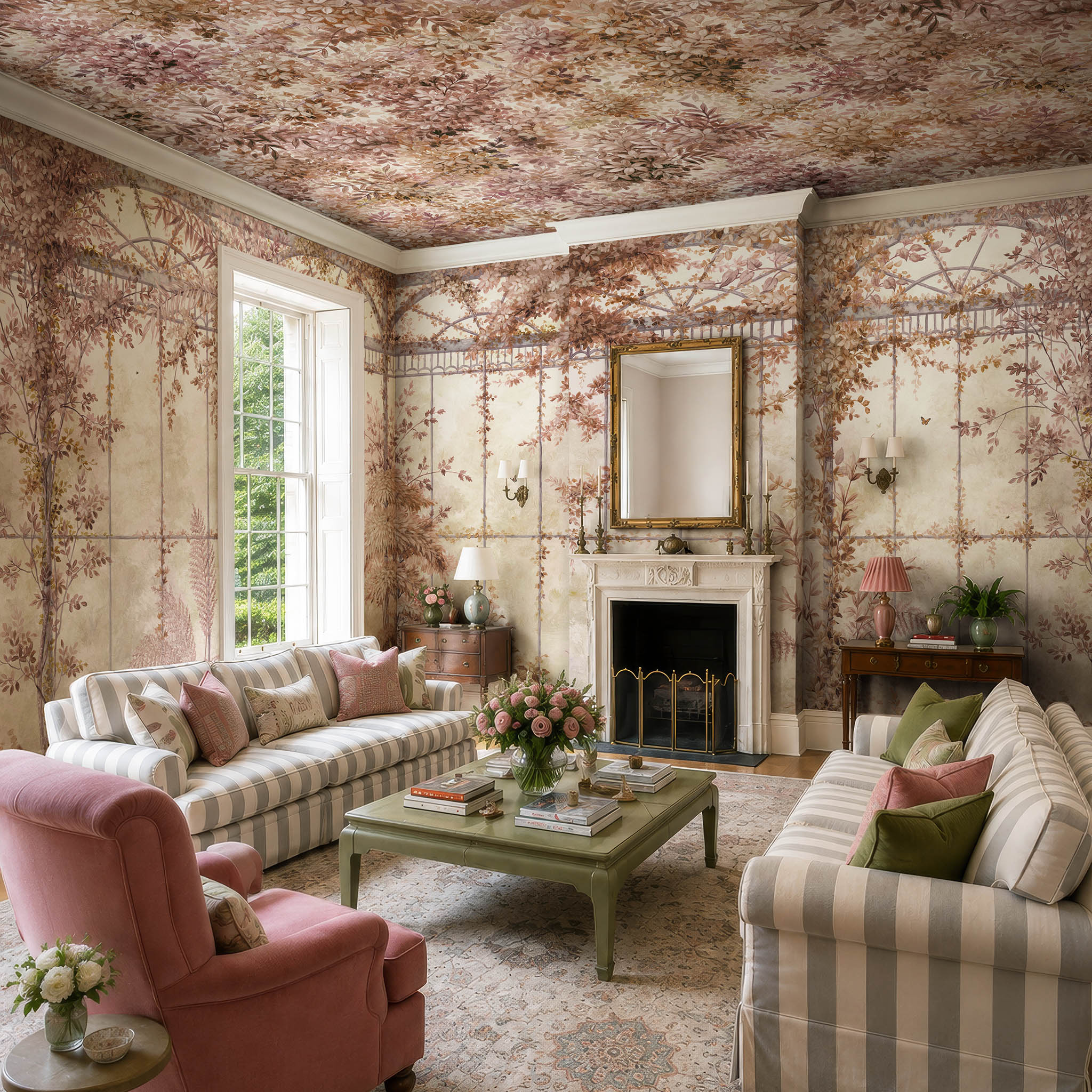 An interior living room featuring a panoramic pearlescent wallpaper mural of saffron and dusky-rose mural with soft foliage.