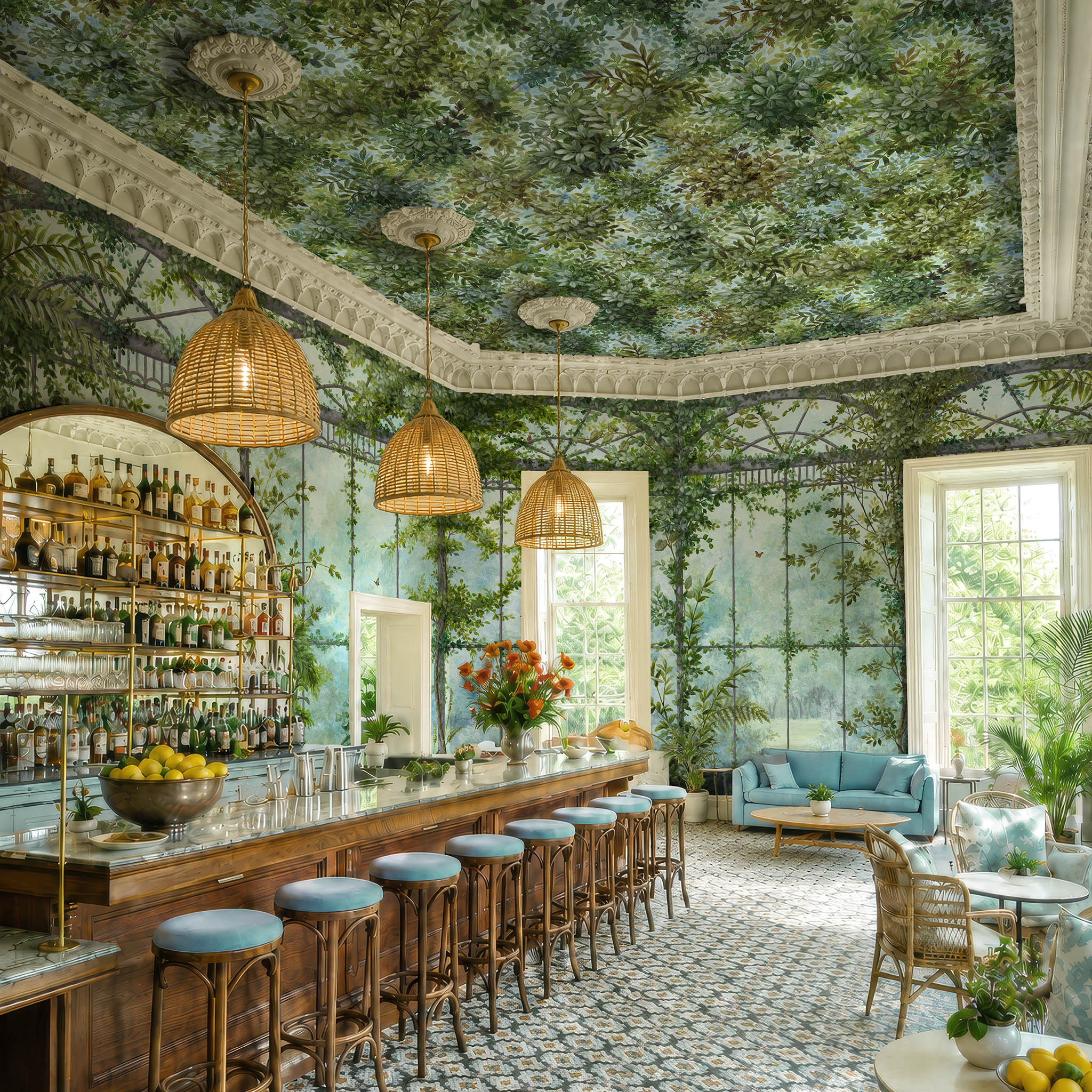 An interior restaurant featuring a panoramic pearlescent wallpaper mural of bergamot-green mural with layered foliage and soft light.