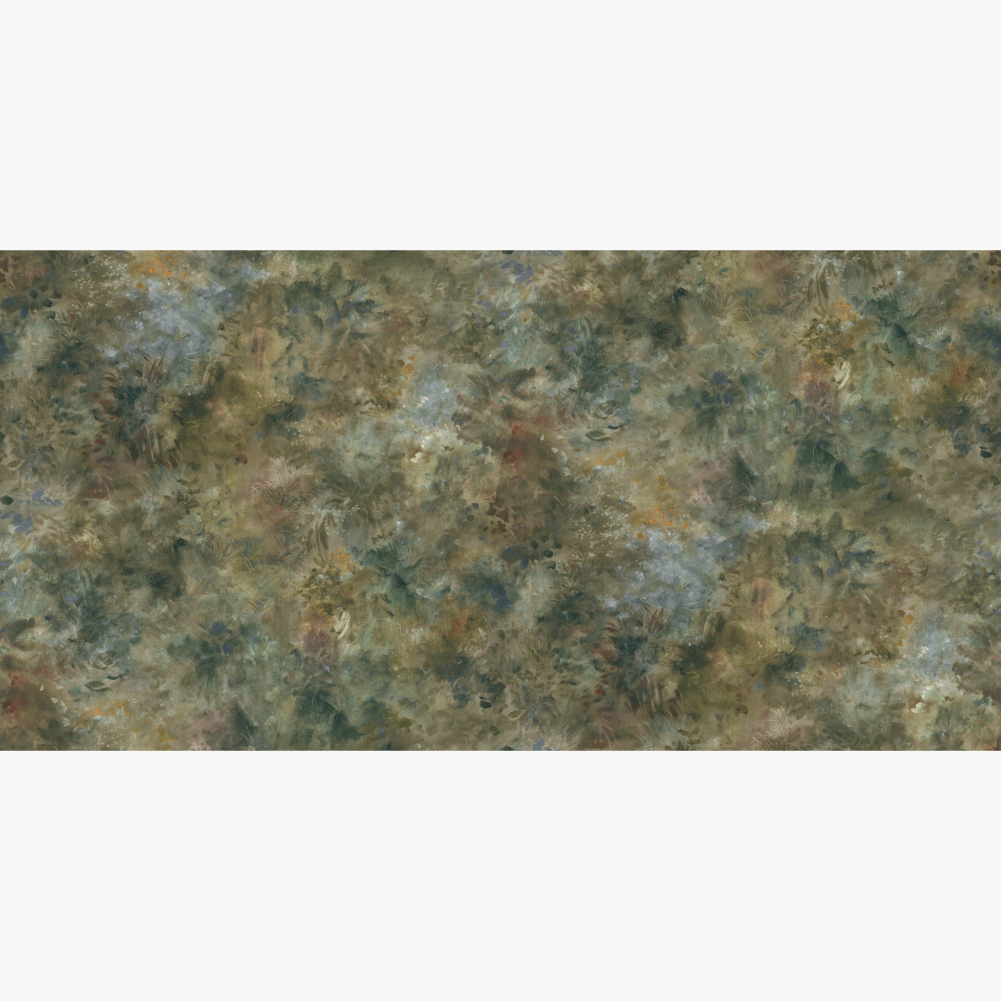 Artwork of a panoramic wallpaper mural featuring misty painterly mural in fennel, sage, olive, indigo, ochre.