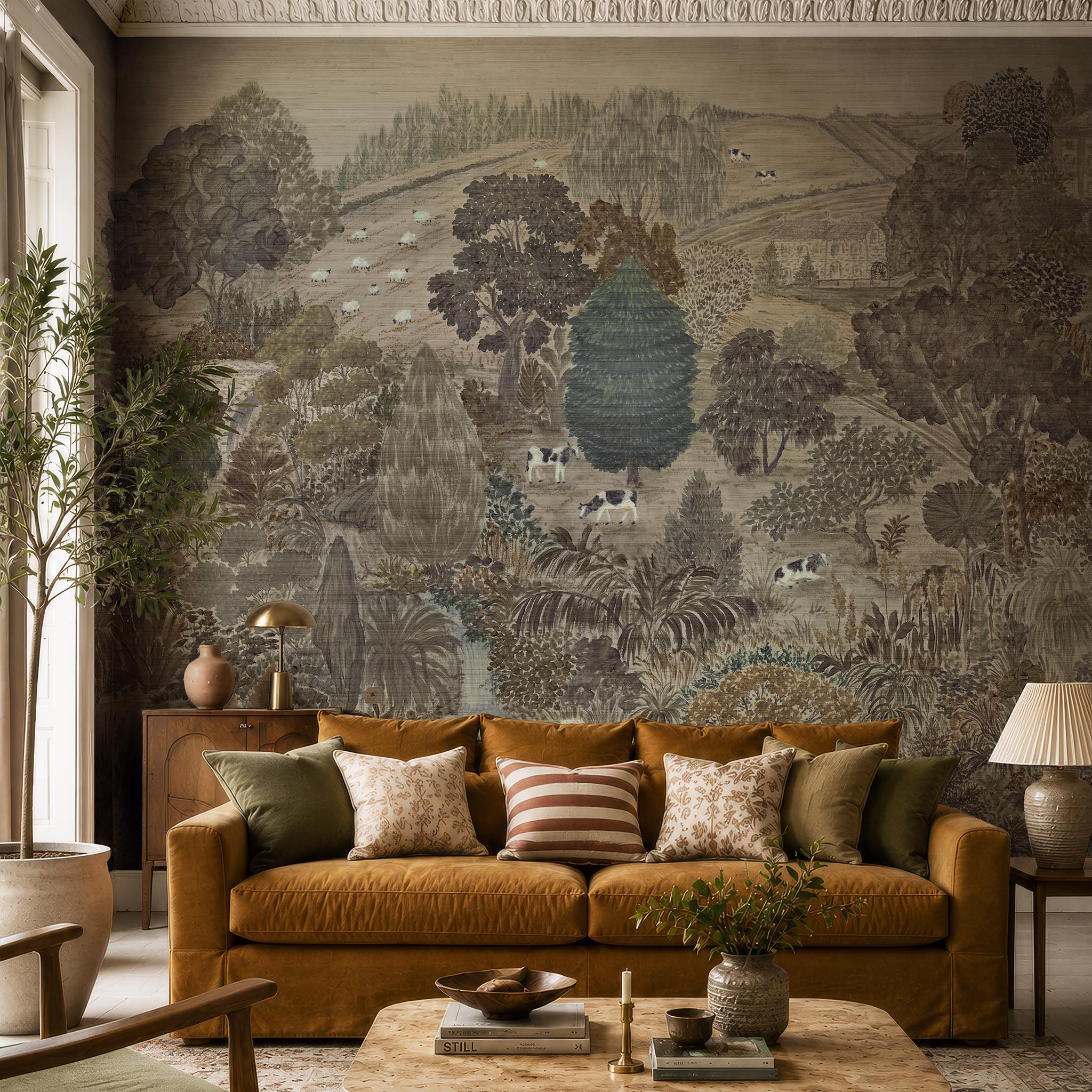An interior living room featuring a panoramic grasscloth wallpaper mural of a countryside in deep olive, slate and ash