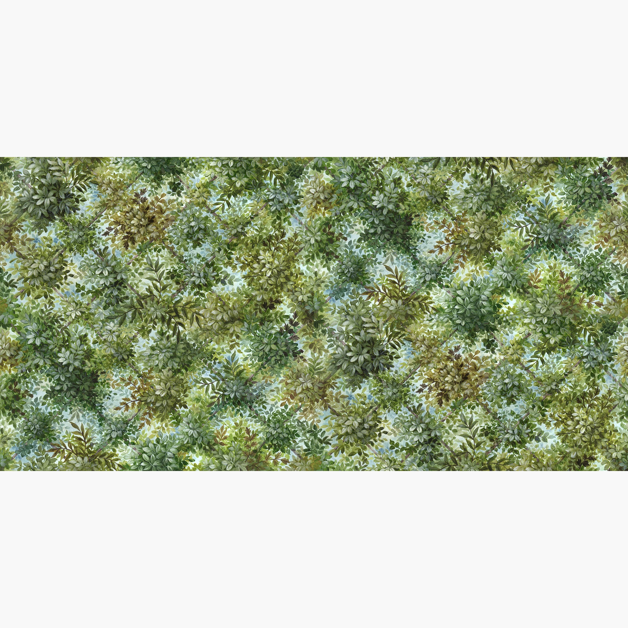 Artwork of a panoramic wallpaper mural featuring interior bergamot-green mural with layered foliage and soft light.