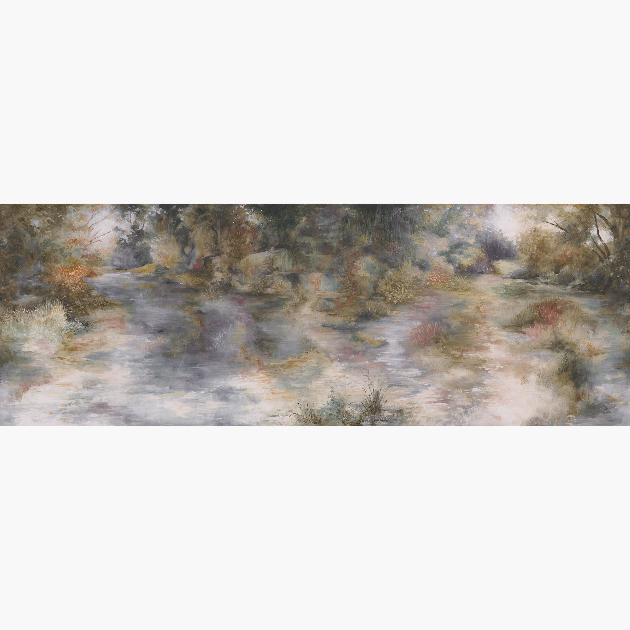 Artwork of a panoramic wallpaper mural featuring a panoramic mural with soft shadows for tranquil interiors