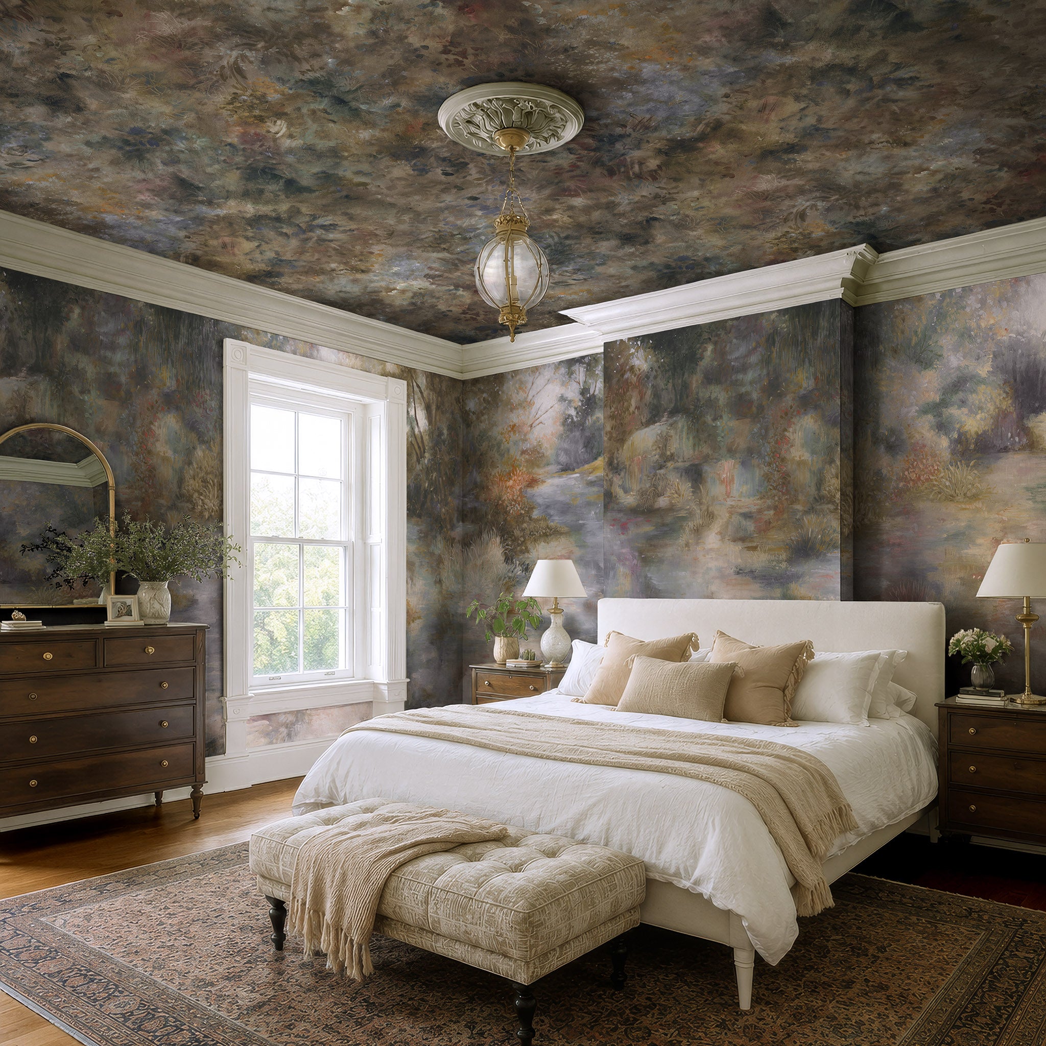 An interior bedroom featuring a panoramic pearlescent wallpaper mural of softly shaded panoramic mural.
