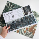 A hand showing information for a grasscloth wallpaper mural sample which features a countryside in teal, sea green and slate 