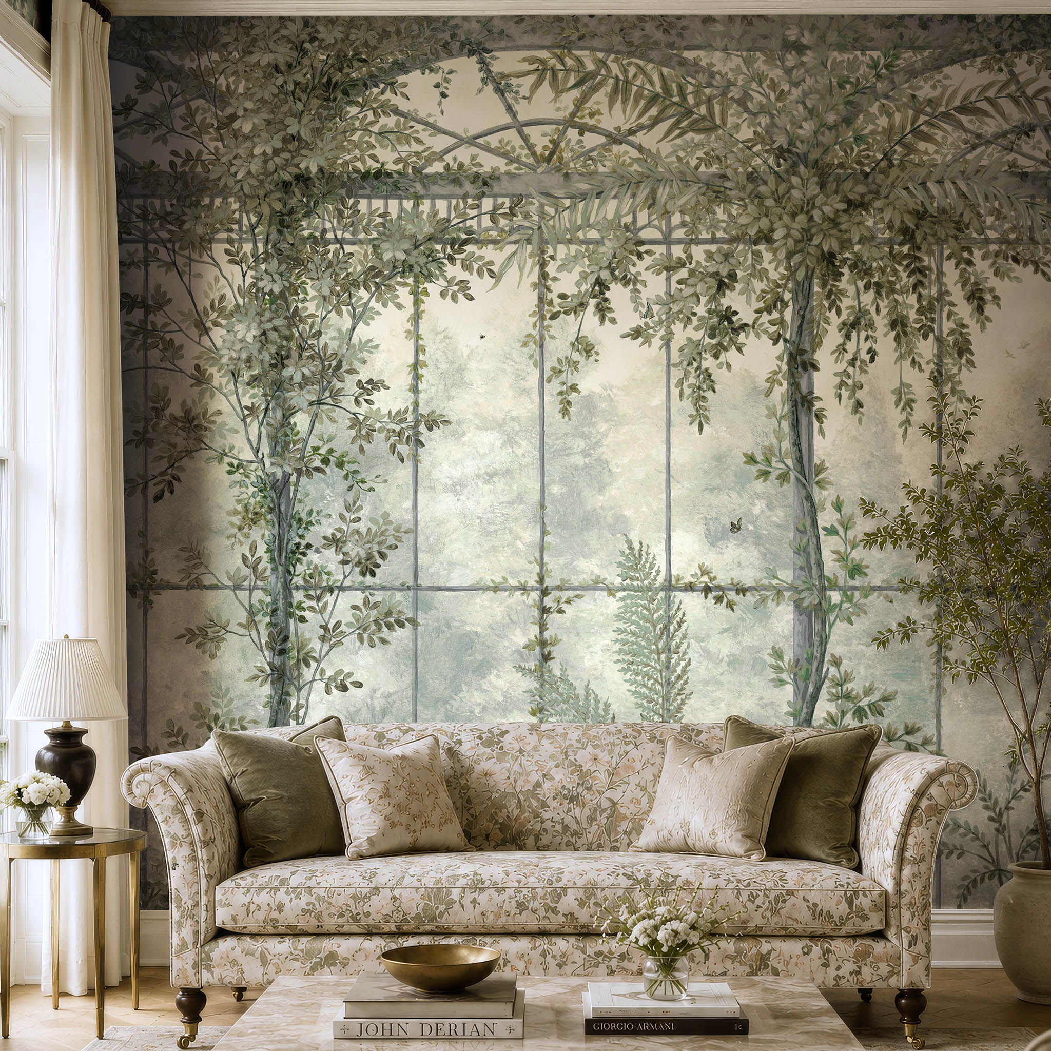 A cropped view of a living room featuring a panoramic pearlescent wallpaper mural of sunlit conservatory mural in chamomile & sage tones