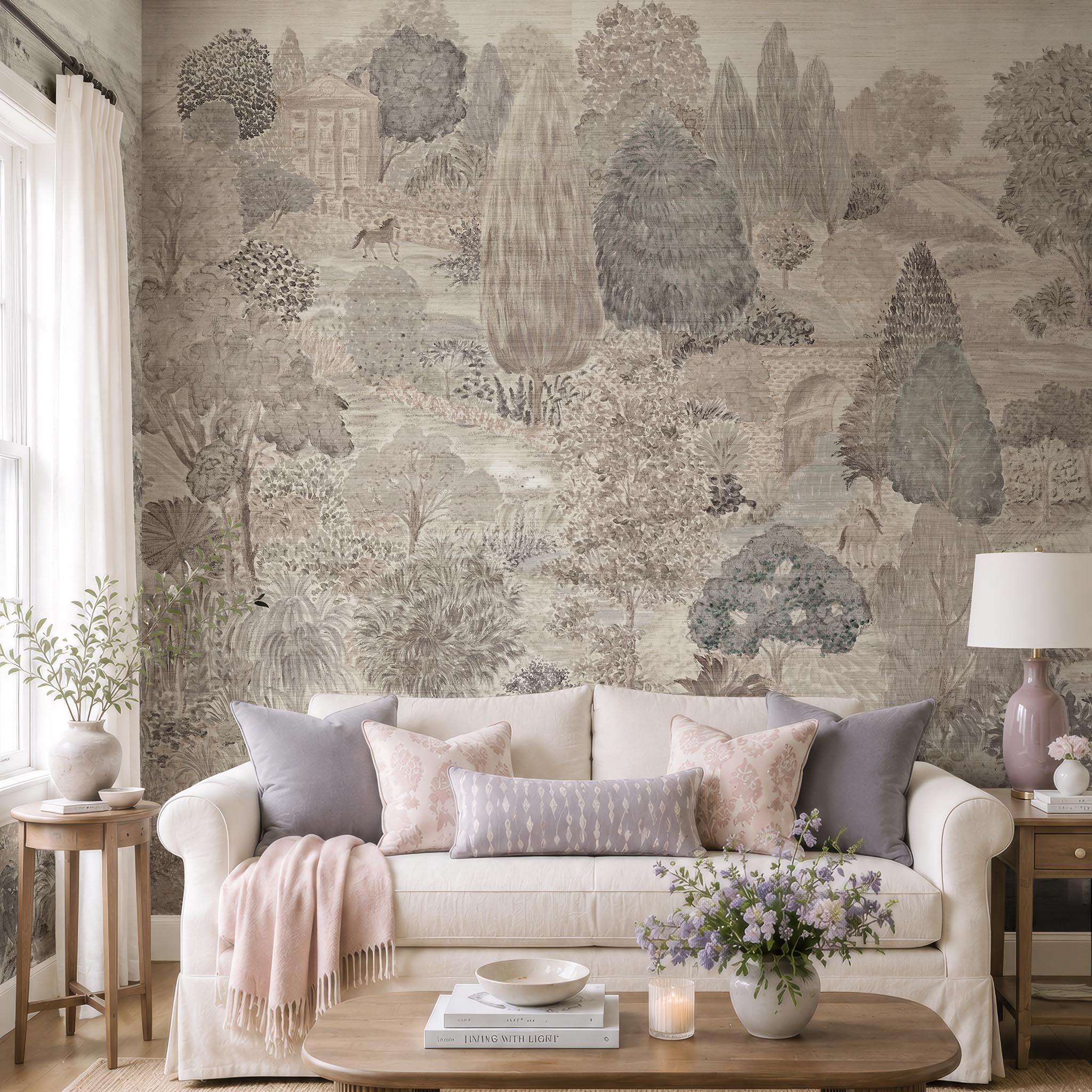 A cropped view of a living room featuring a panoramic grasscloth wallpaper mural of ash grey forest