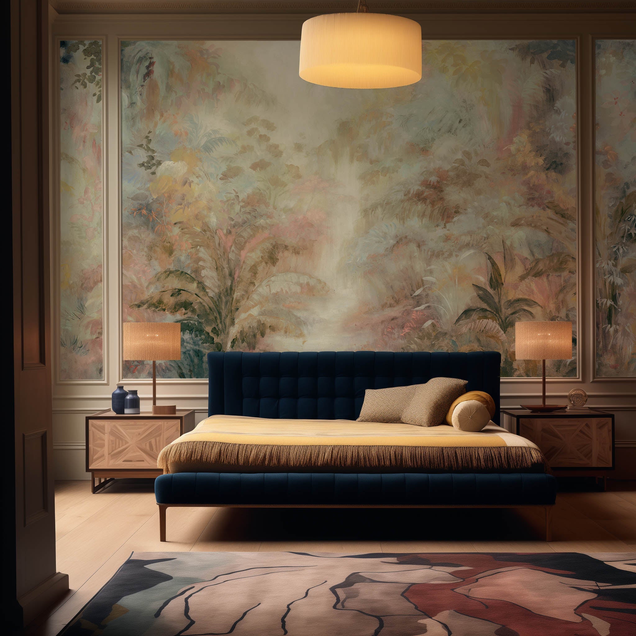 An interior bedroom featuring a panoramic matte wallpaper mural of a rainforest in blush and sky blue.