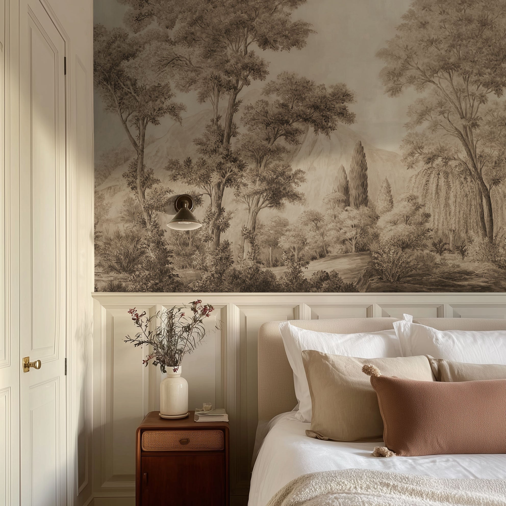 A cropped view of bedroom featuring a panoramic matte wallpaper mural of sepia-toned woodland