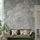 A cropped view of living room featuring a panoramic matte wallpaper mural of misty whites on dove grey floral