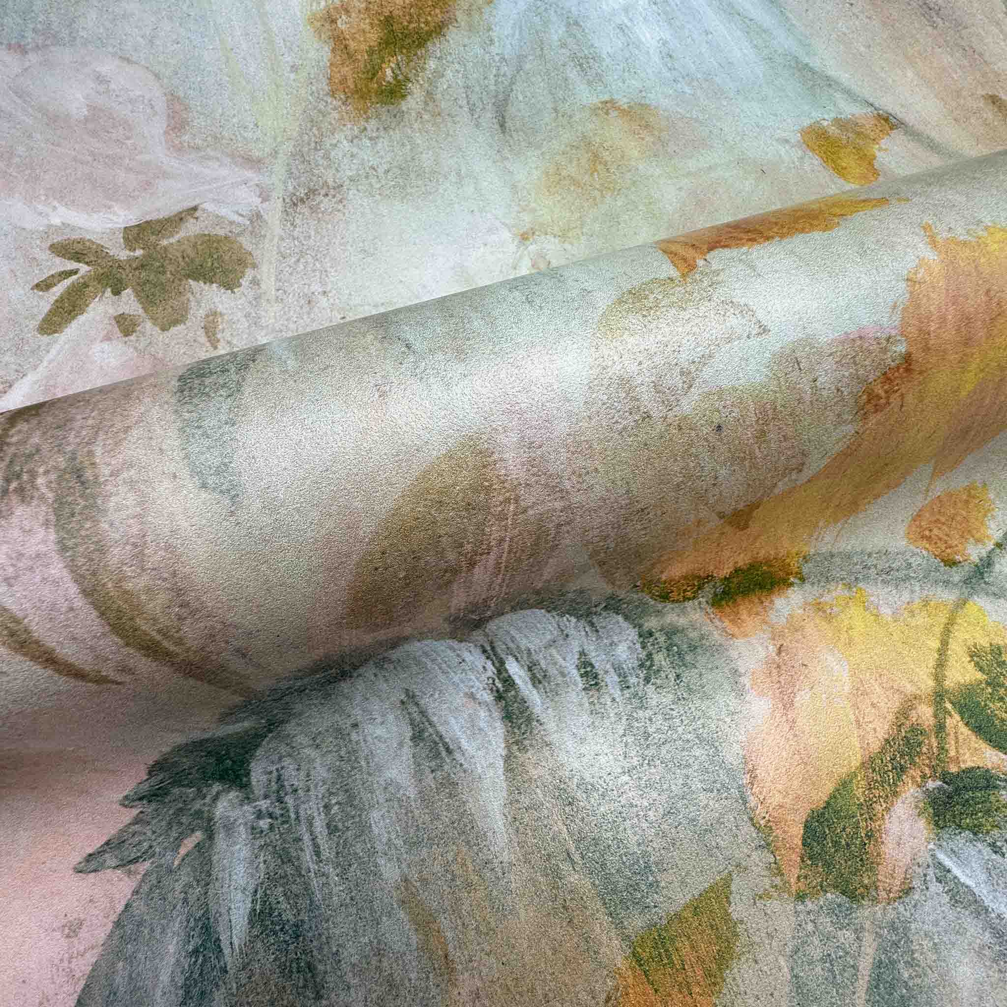 Close-up of a bespoke hand-painted wallpaper mural featuring soft pastels and abstract floral motifs printed on vinyl.
