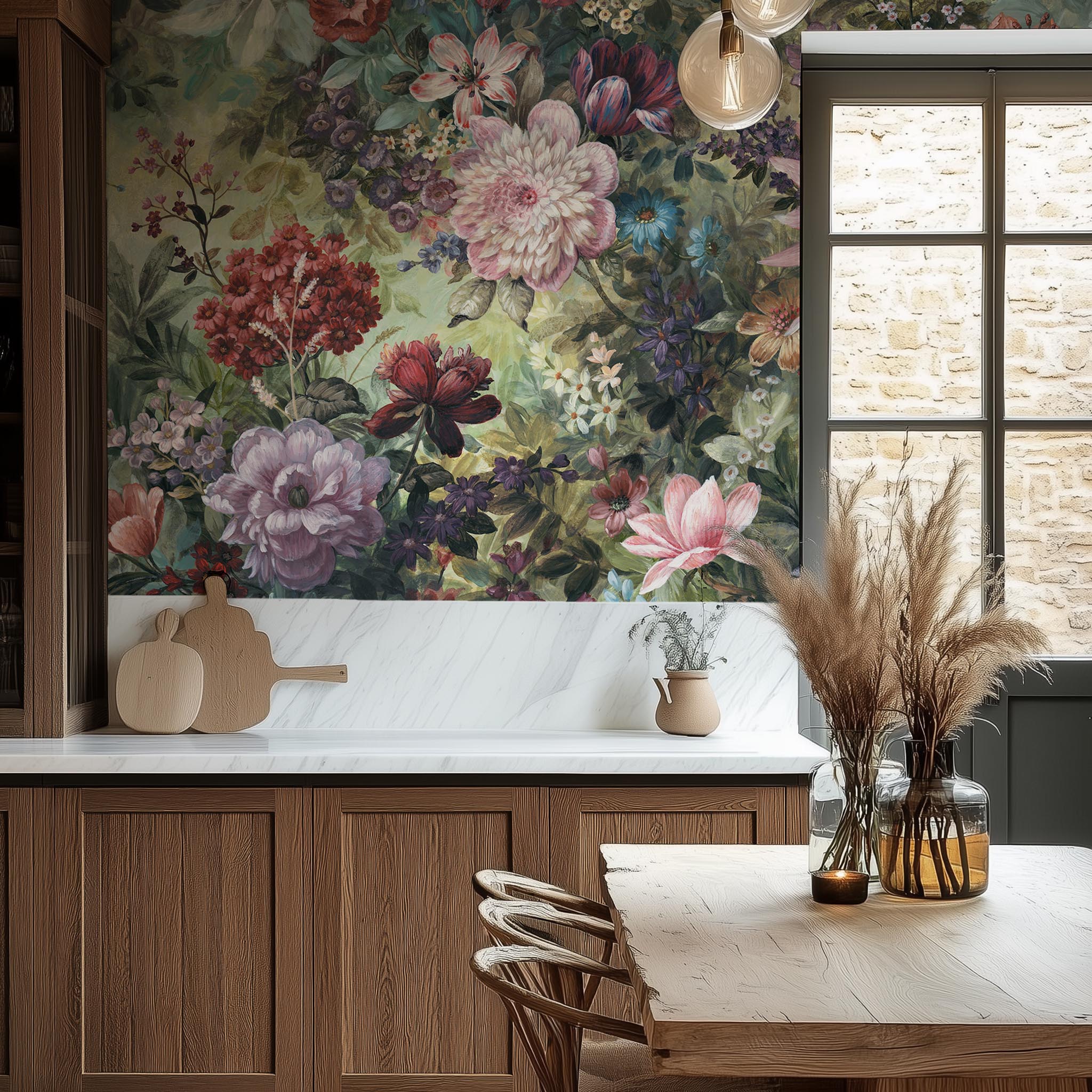 A cropped view of kitchen featuring a panoramic vinyl wallpaper mural of a floral tapestry in rich jewel tones.