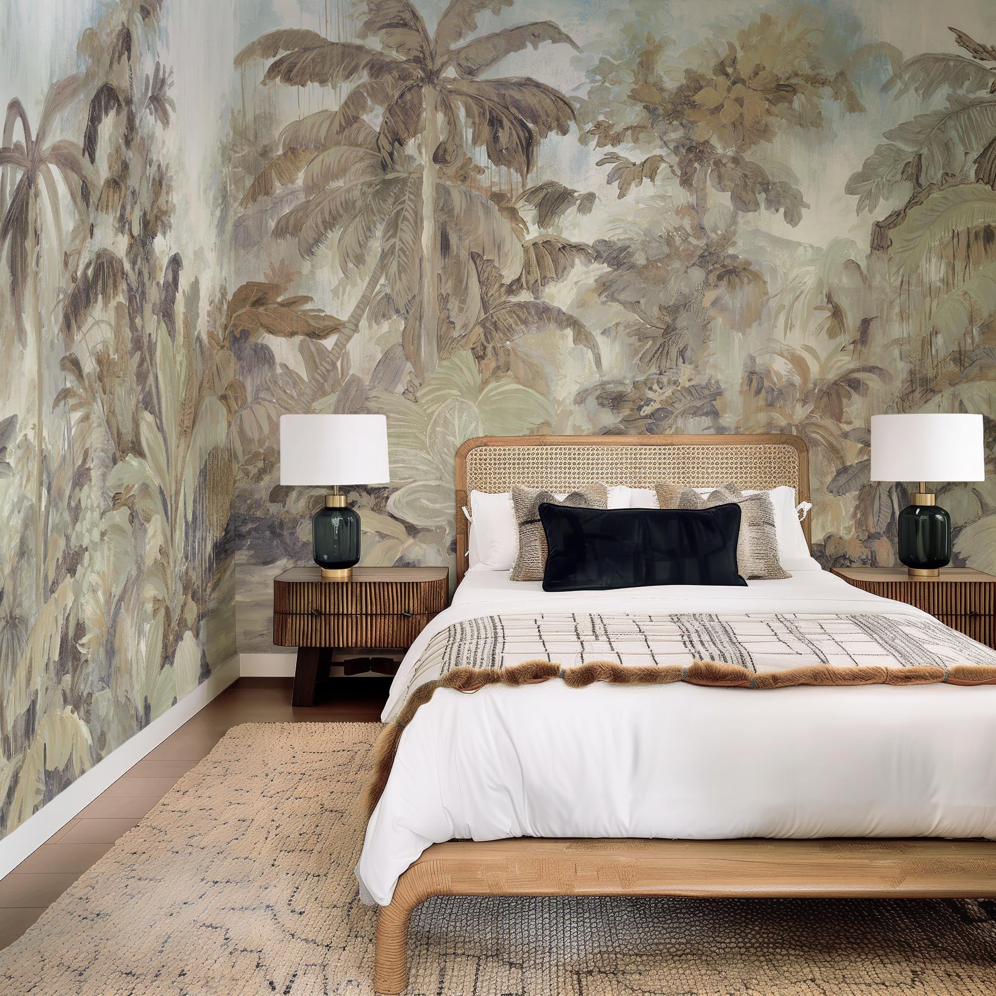 An interior bedroom featuring a panoramic matte wallpaper mural of a jungle scene in sepia and blue.
