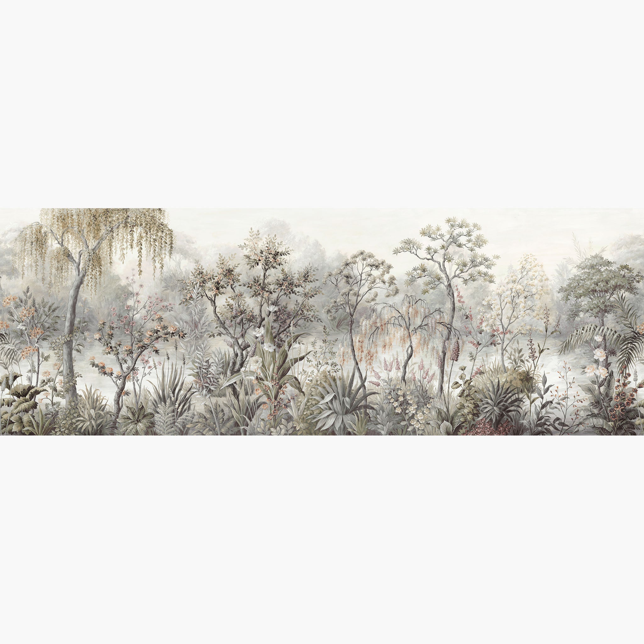 Artwork of a panoramic wallpaper mural featuring a delicate lakeside scene in soft greys, muted greens, and peach tones.