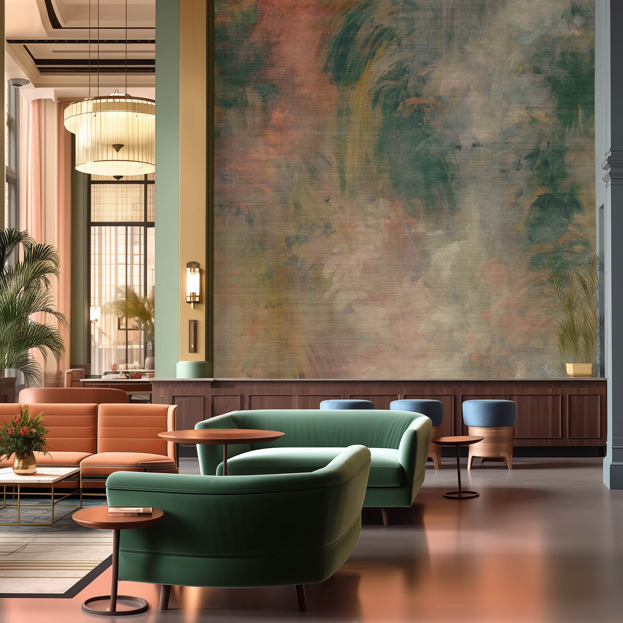 An interior lobby area featuring a panoramic grasscloth wallpaper mural of an abstract haze in green and blush.