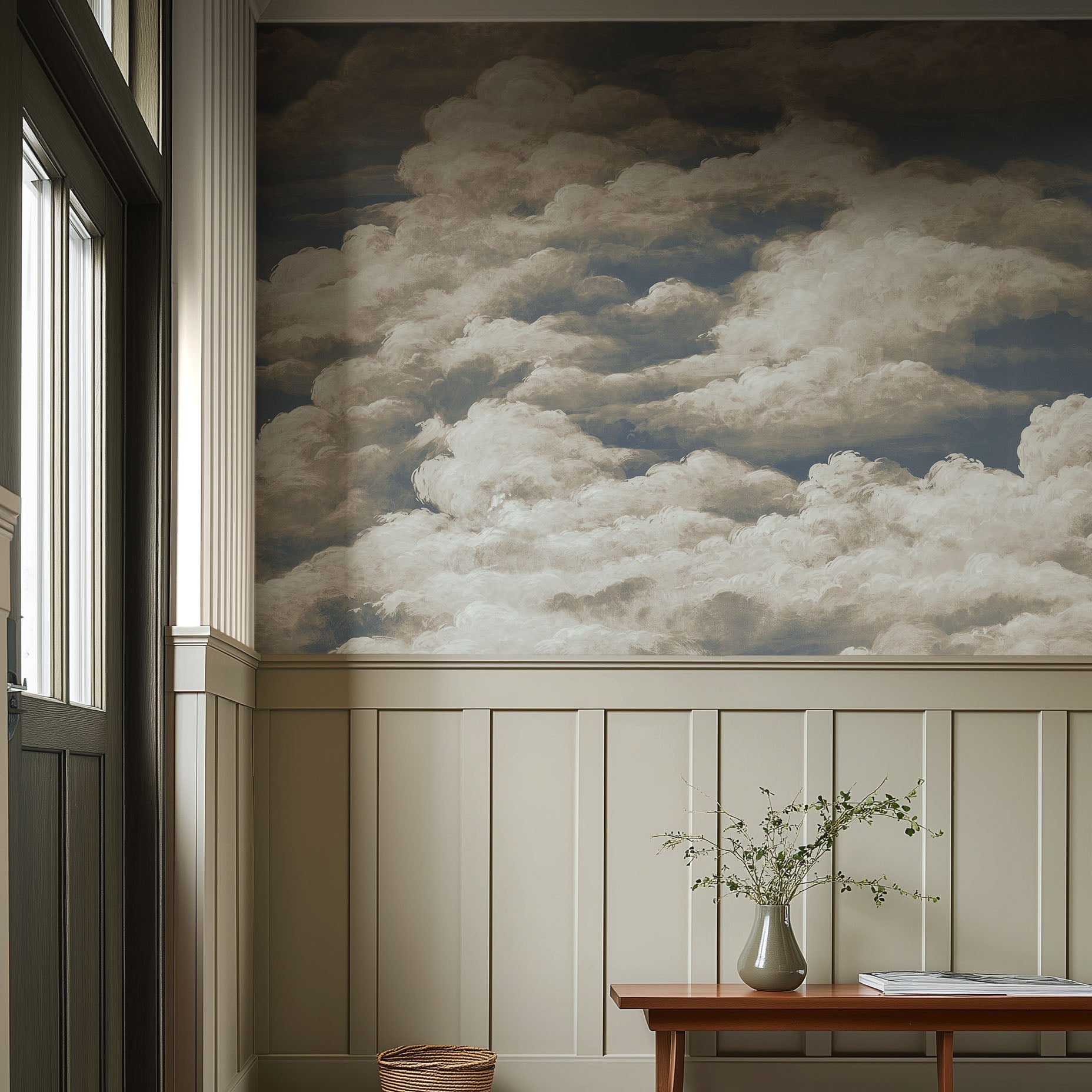 An interiorhallway featuring a panoramic matte wallpaper mural of dramatic cream clouds