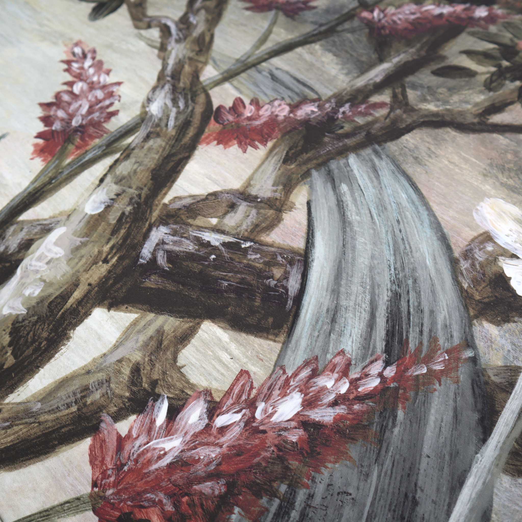 Close-up of a vintage-inspired chinoiserie mural featuring floral elements in soft greys, warm peach and muted blues.