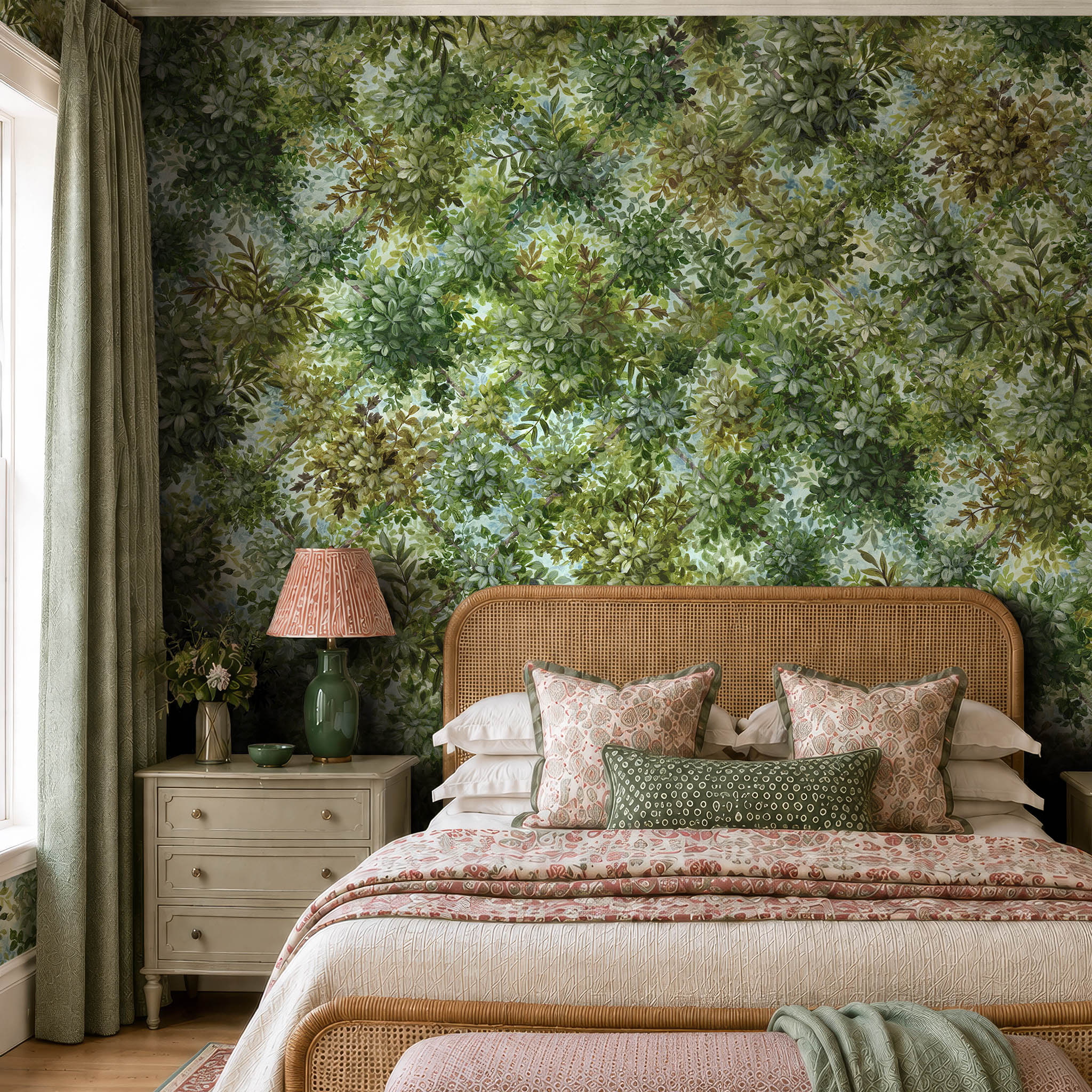 A cropped view of a bedroom featuring a panoramic pearlescent wallpaper mural of bergamot-green mural with layered foliage and soft light.