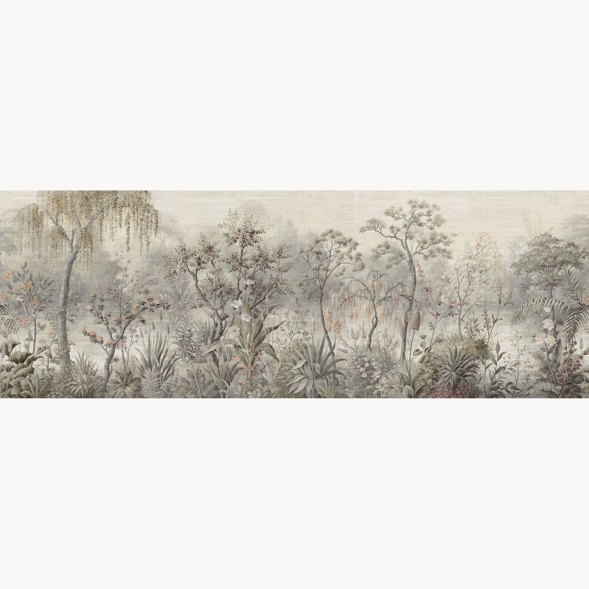 Artwork of a panoramic wallpaper mural featuring a delicate lakeside scene in soft greys, muted greens, and peach tones.