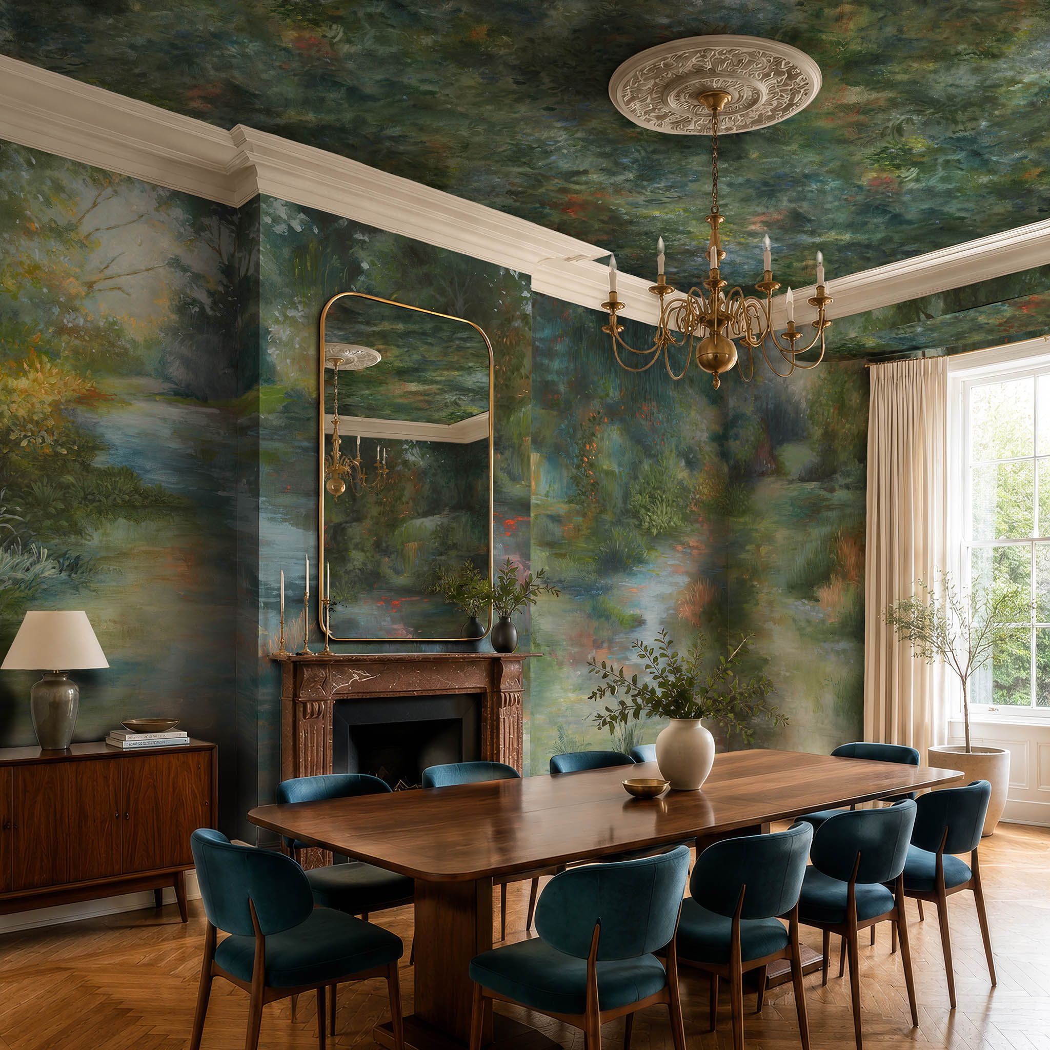 An interior dining room featuring a panoramic pearlescent wallpaper mural of moody nettle-green mural with sage, charcoal and rust colours.