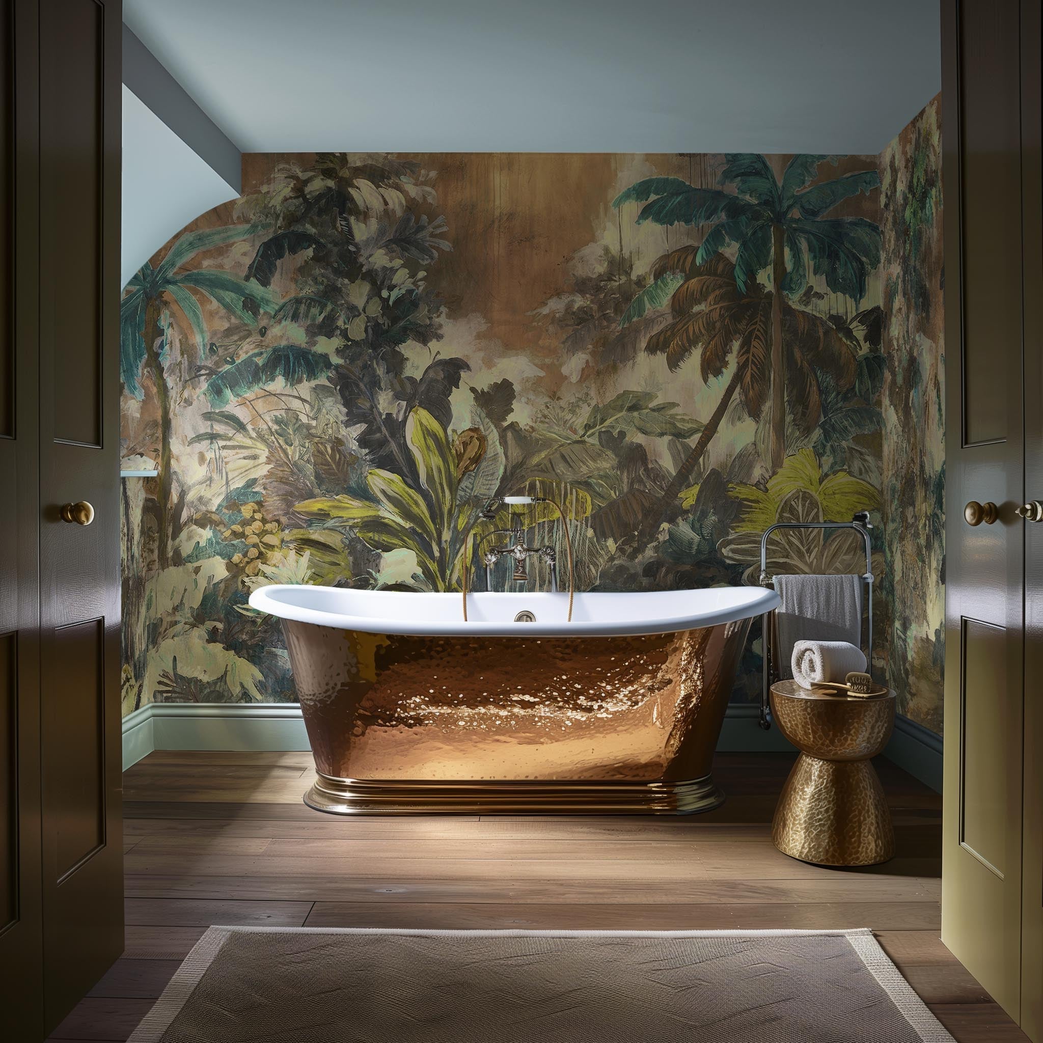 An interior bathroom featuring a panoramic vinyl wallpaper mural of a moody jungle in teal and ochre.