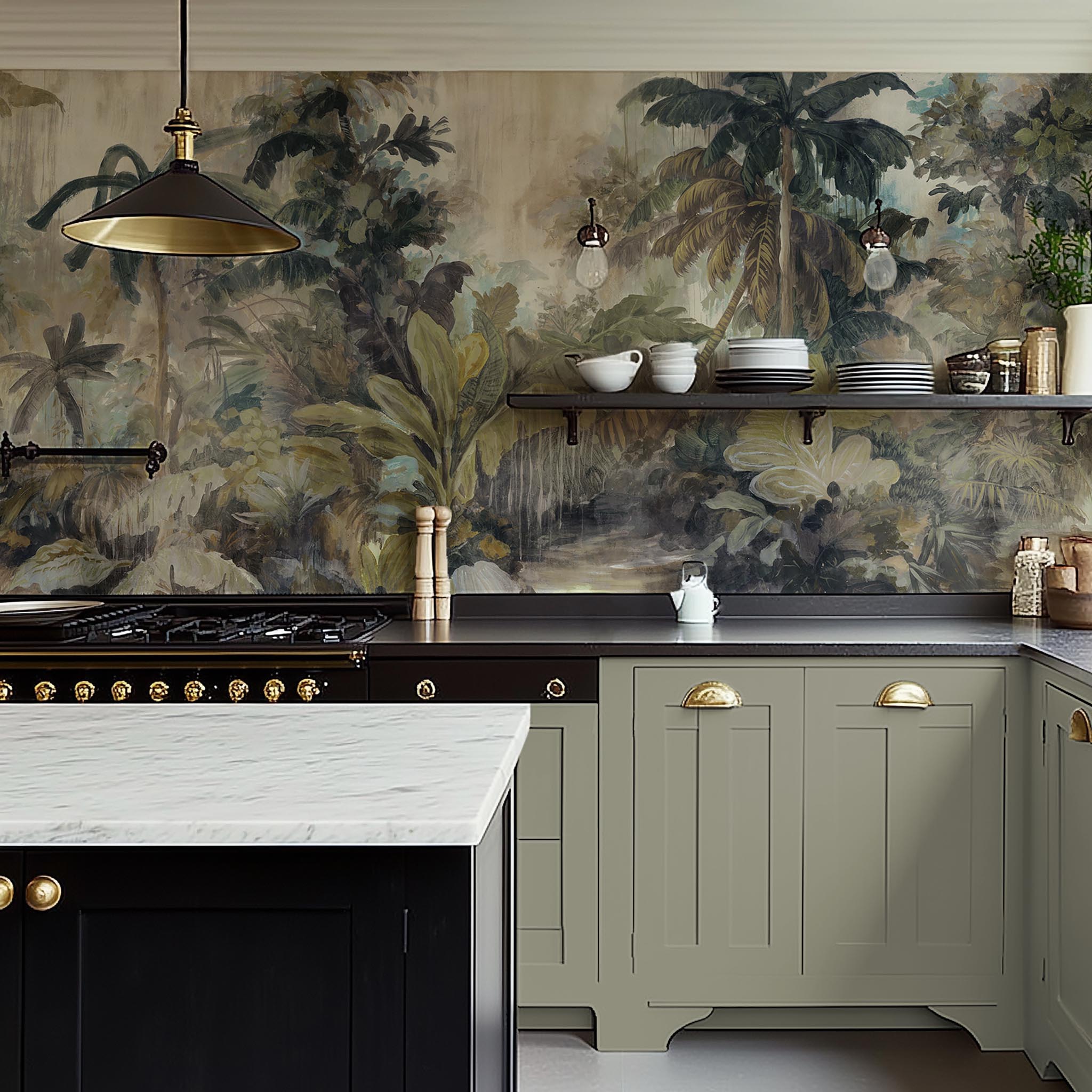 A cropped view of kitchen featuring a panoramic vinyl wallpaper mural of a tropical scene in sage and parchment.