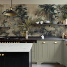 A cropped view of kitchen featuring a panoramic vinyl wallpaper mural of a tropical scene in sage and parchment.