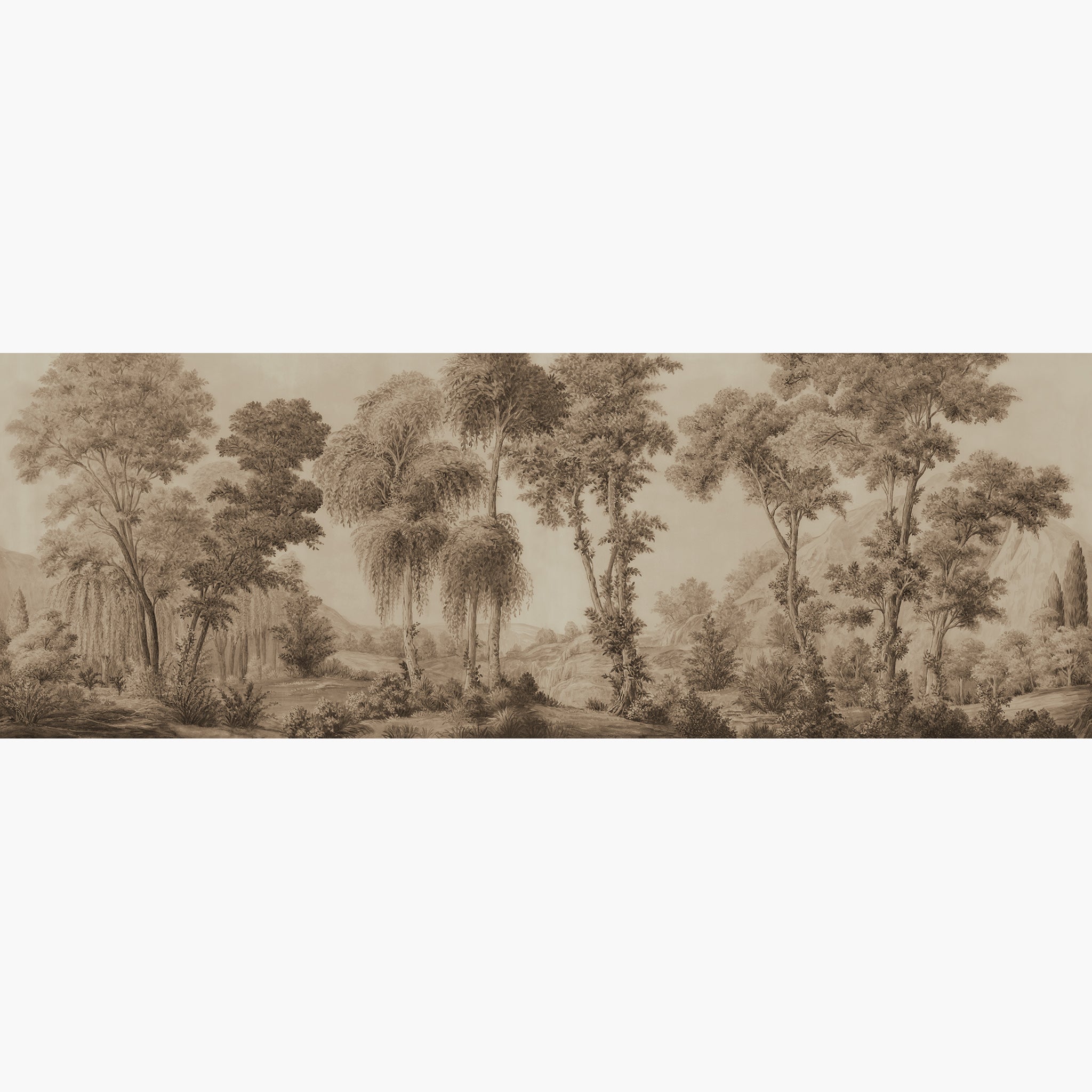 Artwork of a panoramic wallpaper mural featuring a classic woodland in warm sepia with timeless character