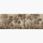 Artwork of a panoramic wallpaper mural featuring a classic woodland in warm sepia with timeless character