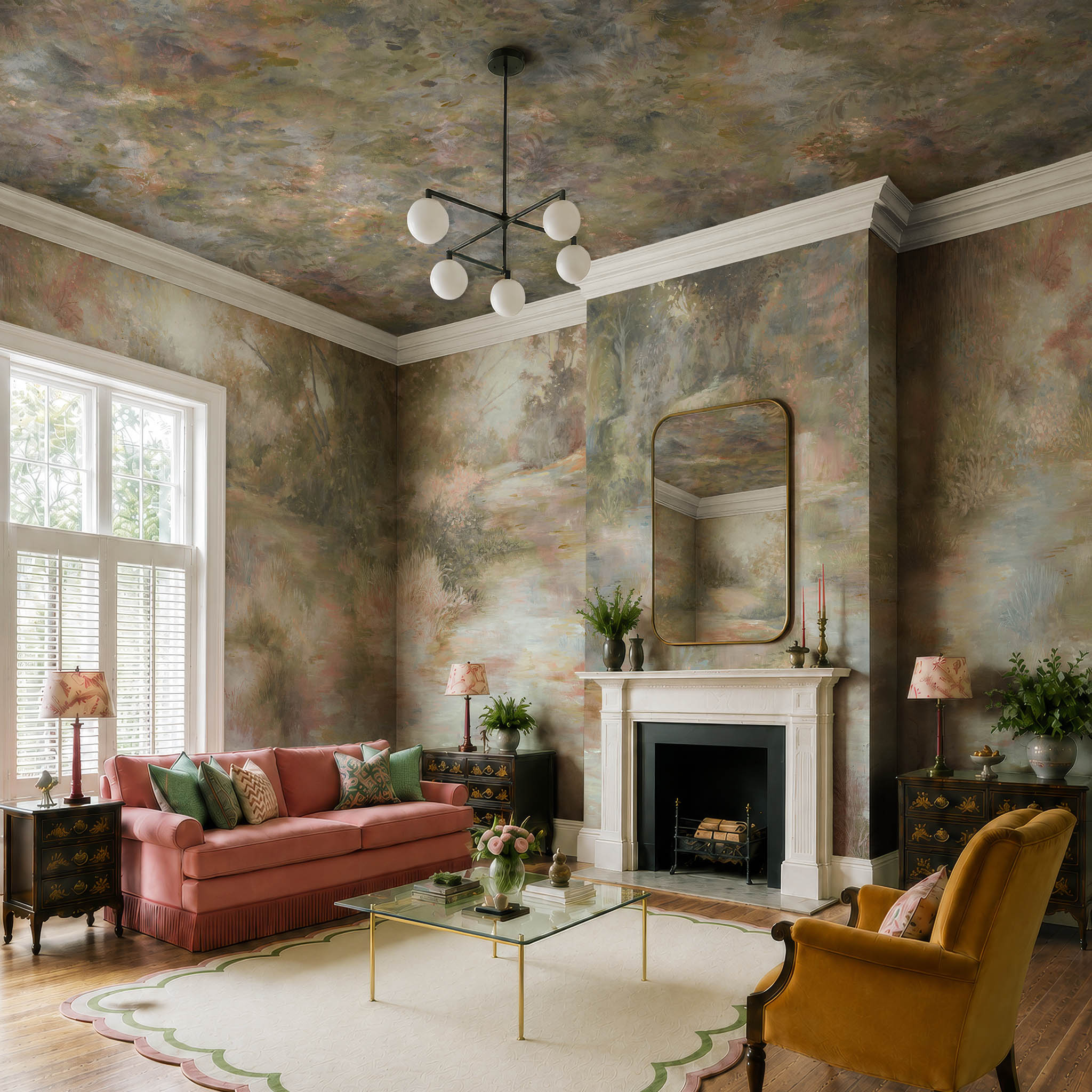 An interior living room featuring a panoramic pearlescent wallpaper mural of muted botanical interior mural in shadow.