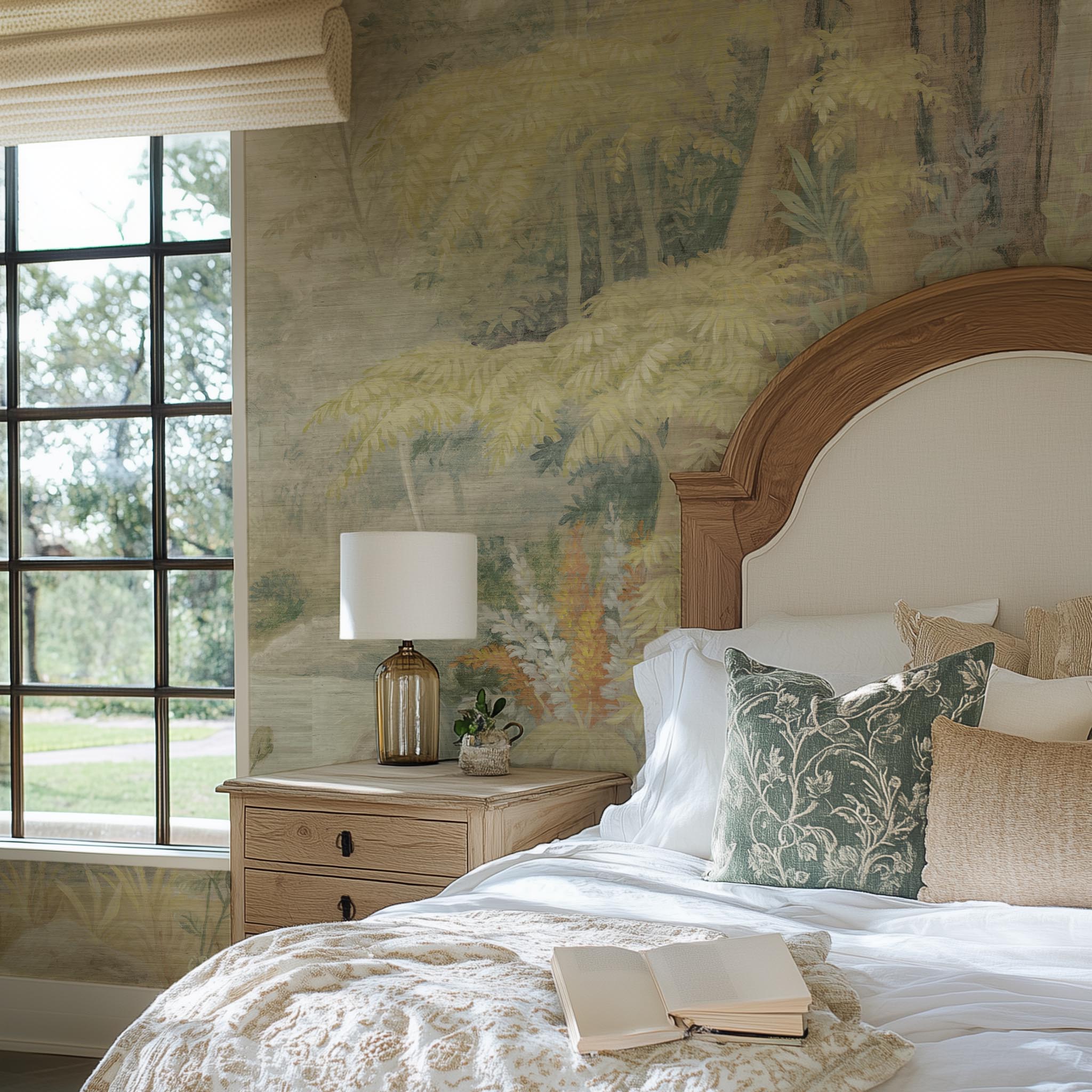 A cropped view of bedroom featuring a panoramic grasscloth wallpaper mural of an airy woodland in sage, yellow, and mist.