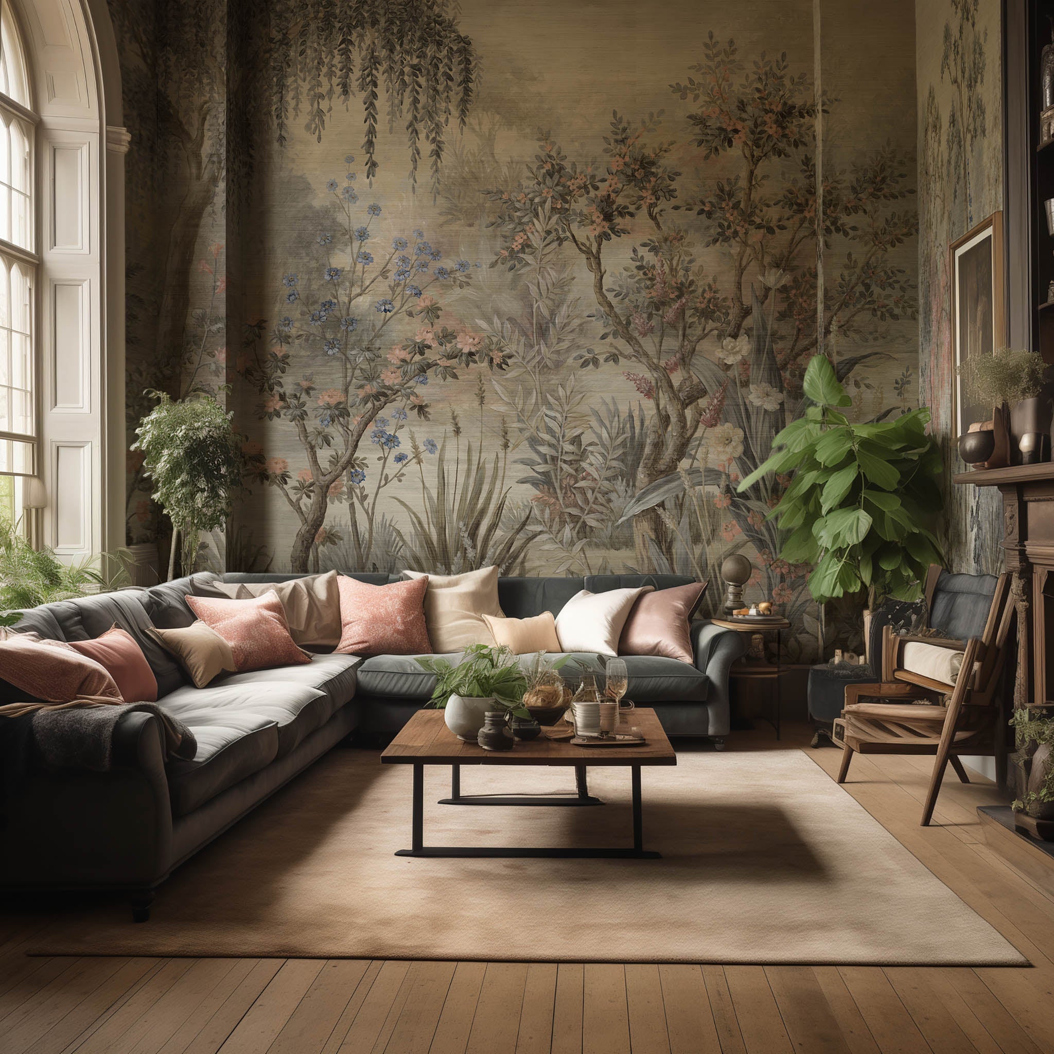 An interior living room featuring a panoramic grasscloth wallpaper mural of a lakeside scene in vintage tones.