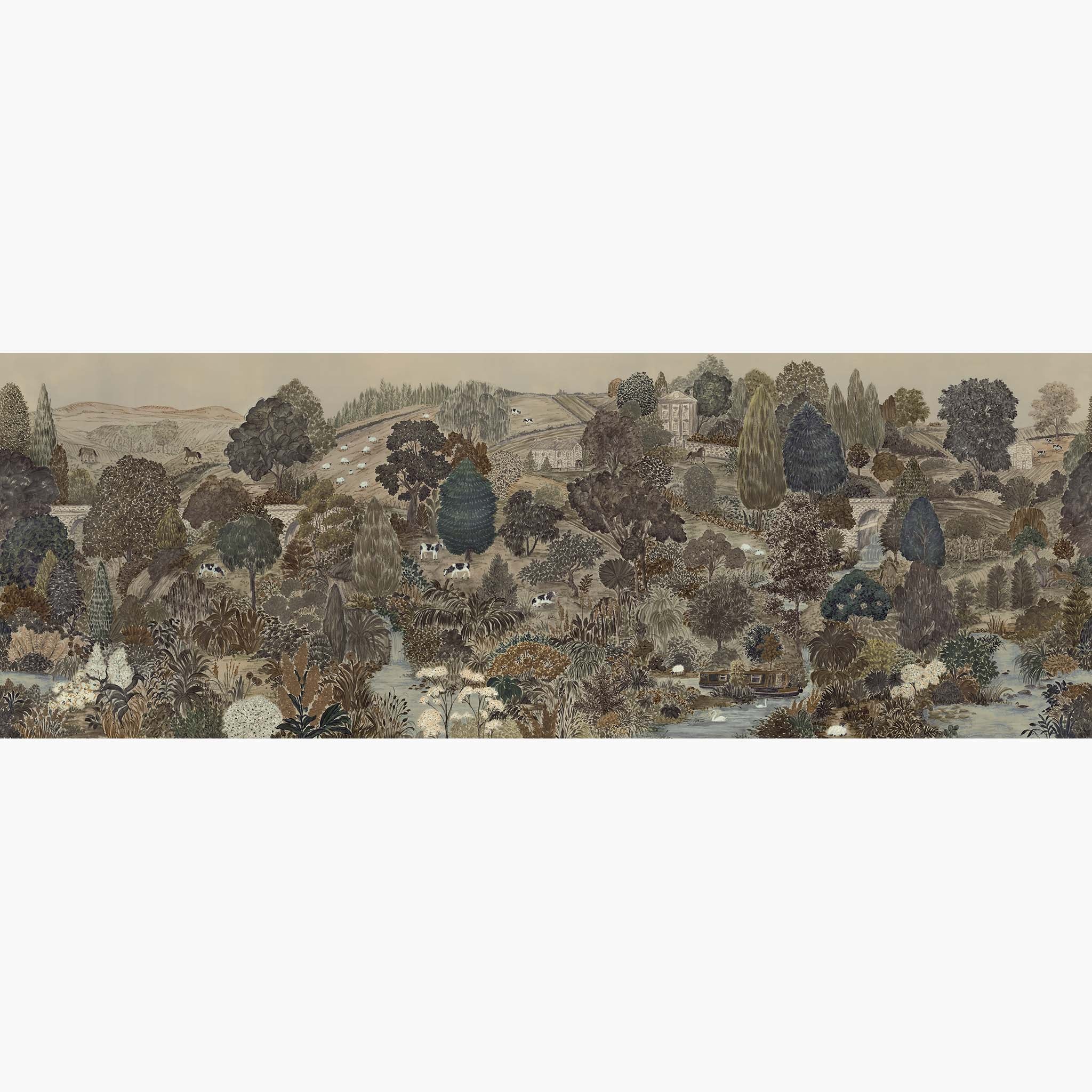Artwork of a panoramic wallpaper mural featuring a sweeping countryside view in deep olive, slate, and ash tones