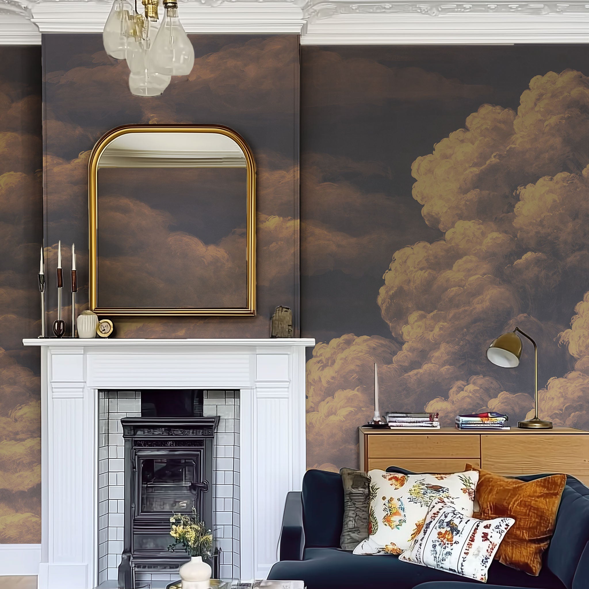 A cropped view of living room featuring a panoramic matte wallpaper mural of warm peach clouds