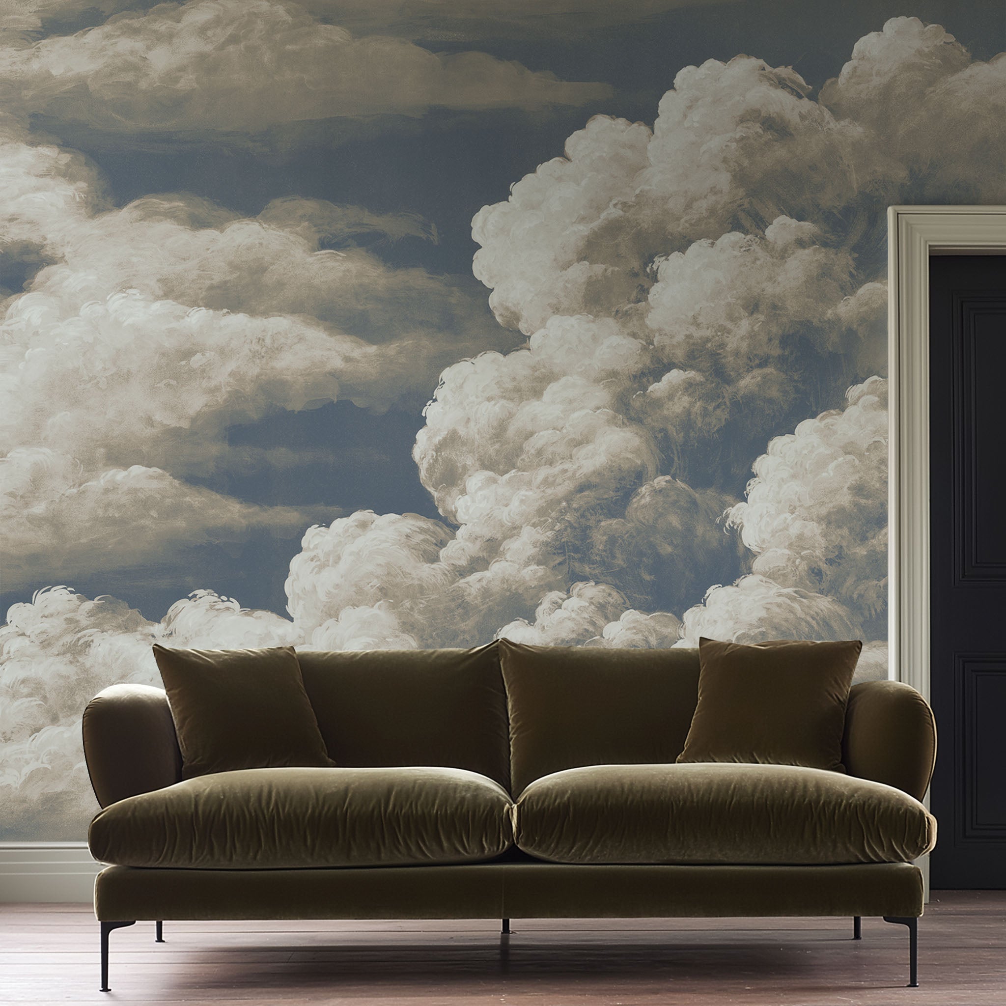 A cropped view of sitting area featuring a panoramic matte wallpaper mural of dramatic cream clouds