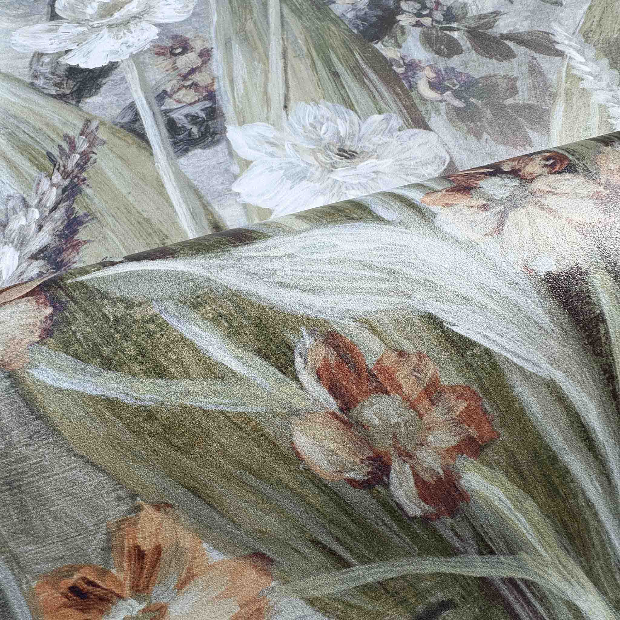 Close-up of a hand-painted floral mural on featuring soft pinks, greens, and muted pewter tones on a soft background.
