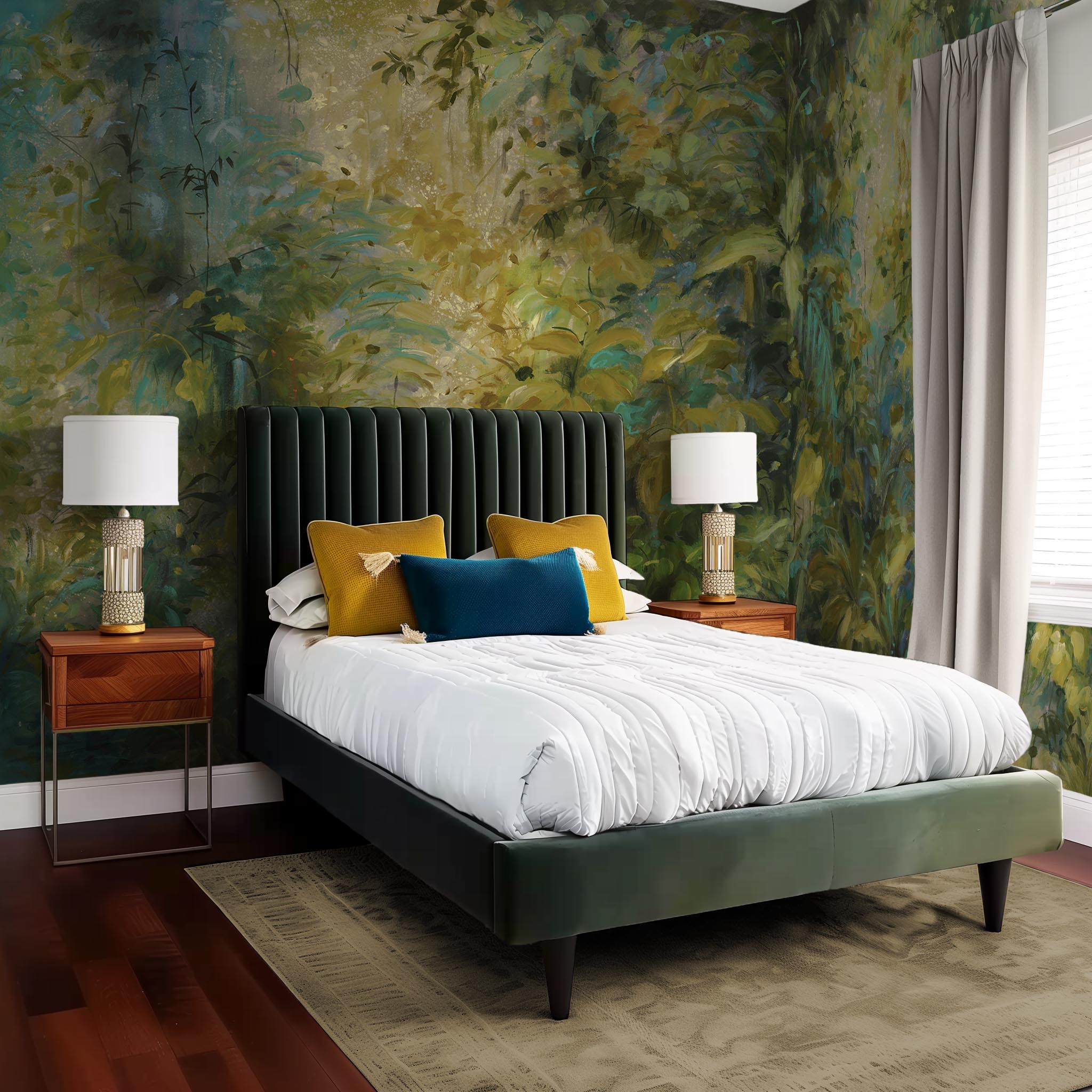 An interior bedroom featuring a panoramic matte wallpaper mural of a jungle abstraction in emerald and ochre.